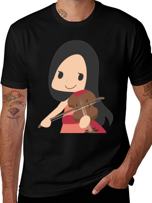 Cartoon Violinist Graphic T-Shirt - Black Cotton Tee