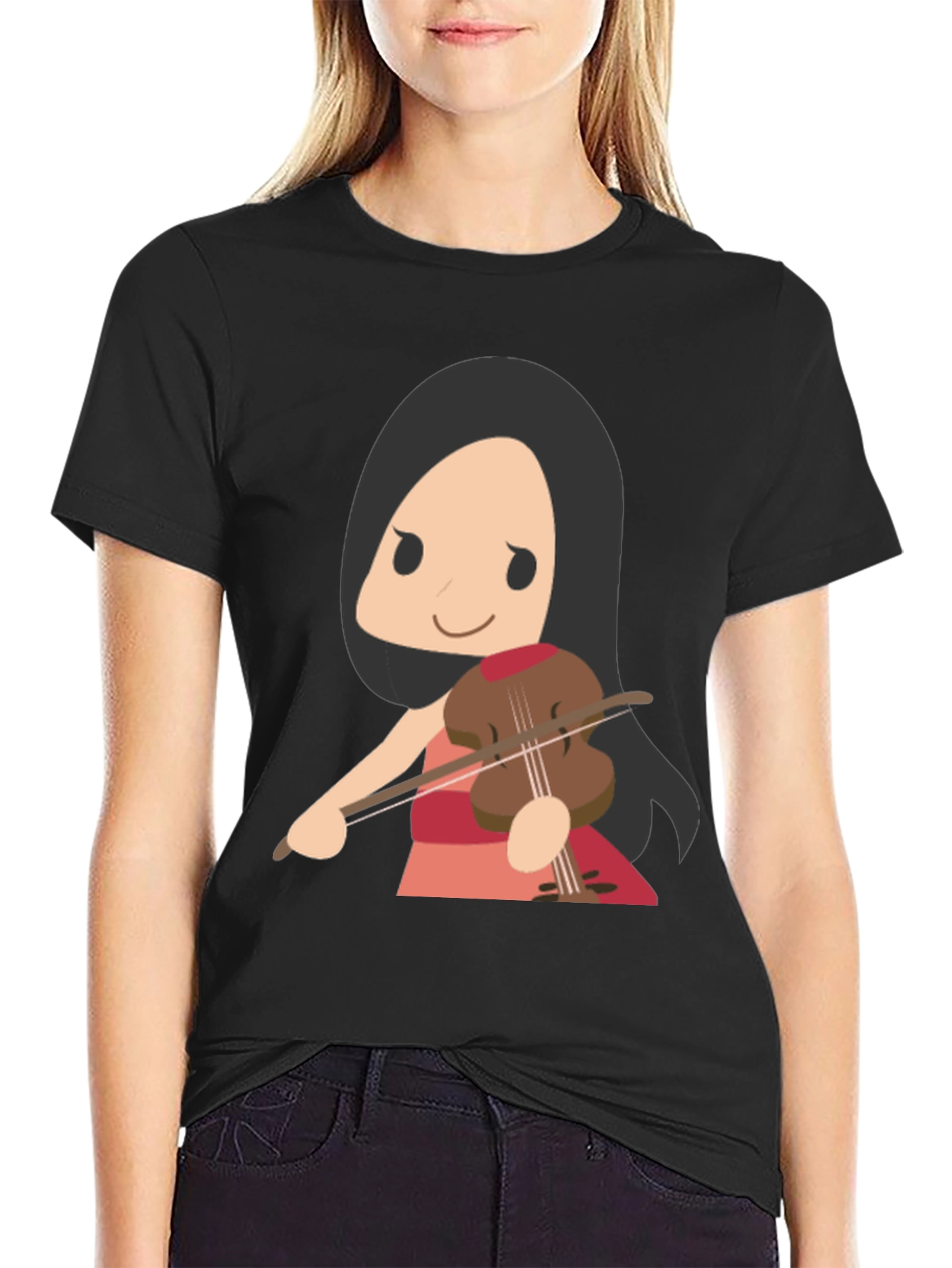 Cartoon Violinist Graphic T-Shirt - Black Cotton Tee