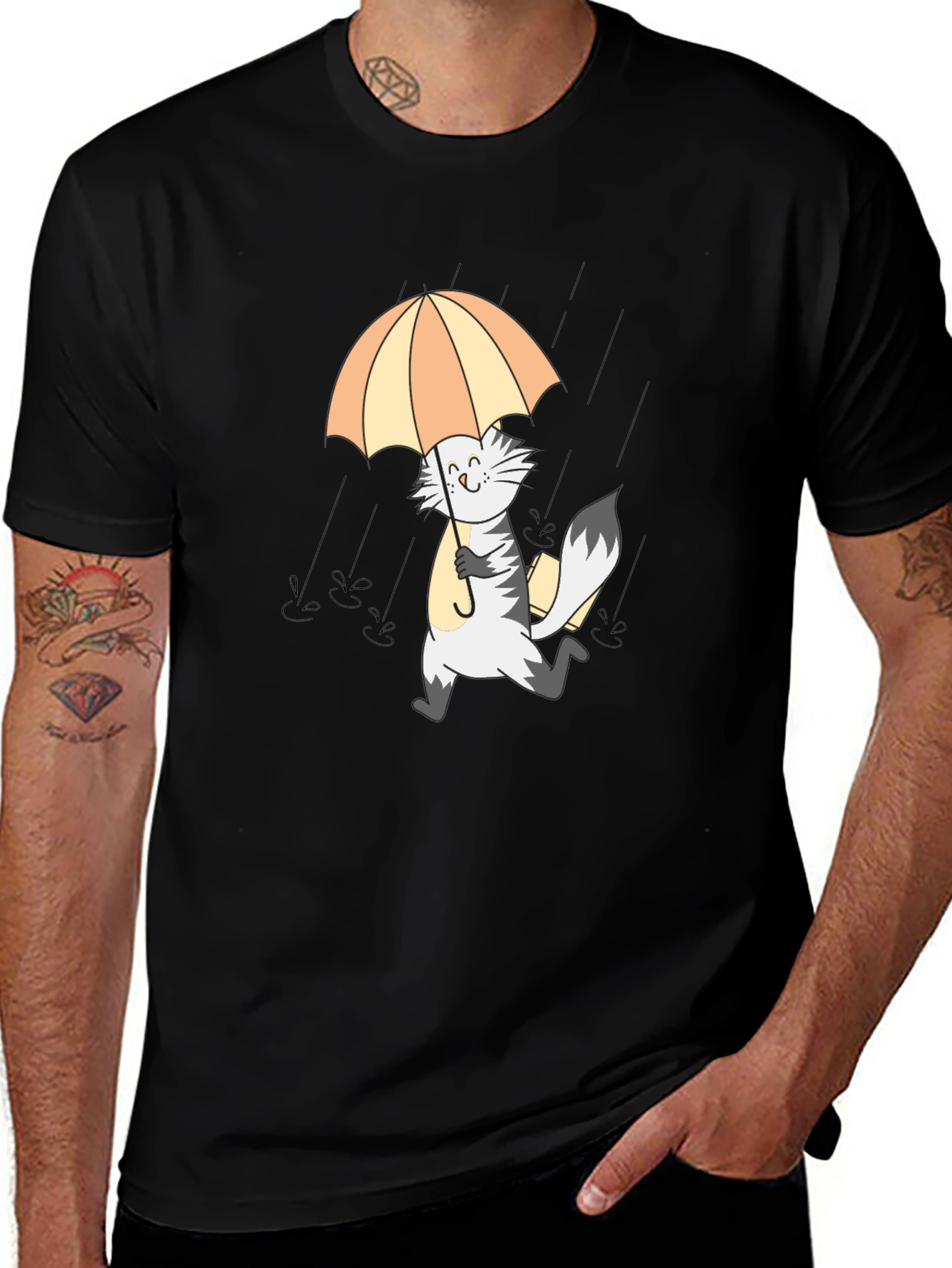 Cat in Rain Graphic Tee - Black Cotton T-Shirt