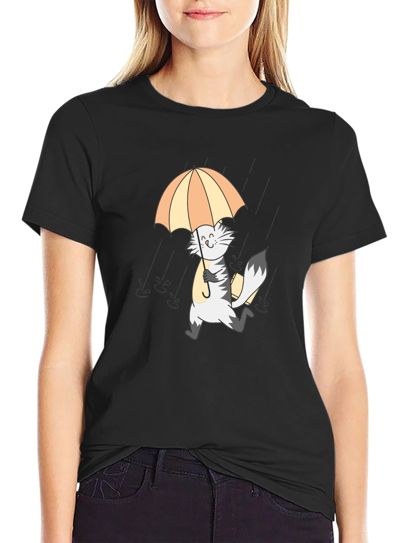 Cat in Rain Graphic Tee - Black Cotton T-Shirt