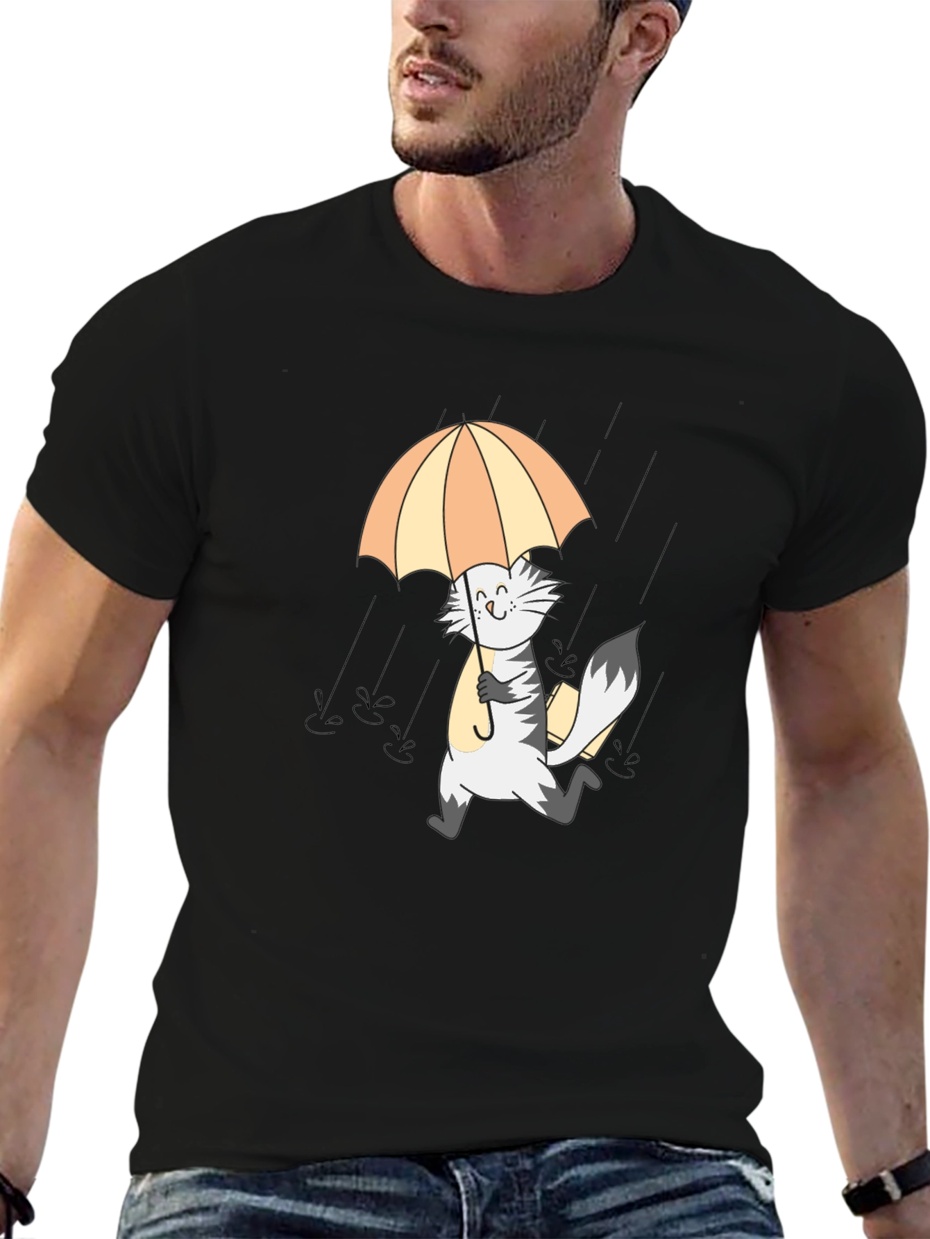 Cat in Rain Graphic Tee - Black Cotton T-Shirt