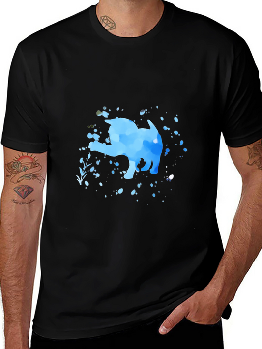 Blue Watercolor Cat Black T-Shirt