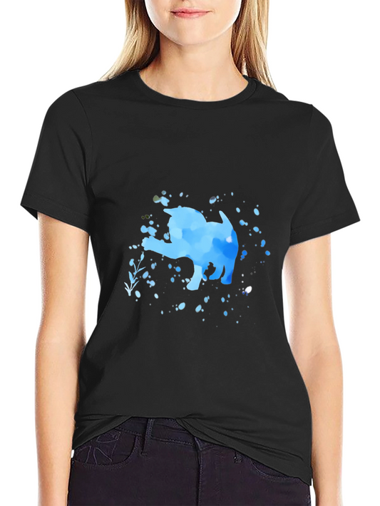 Blue Watercolor Cat Black T-Shirt