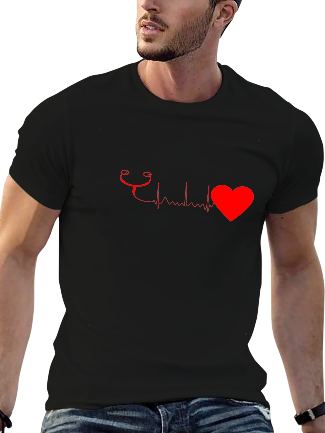 Heartbeat Stethoscope Graphic Tee - Black Cotton