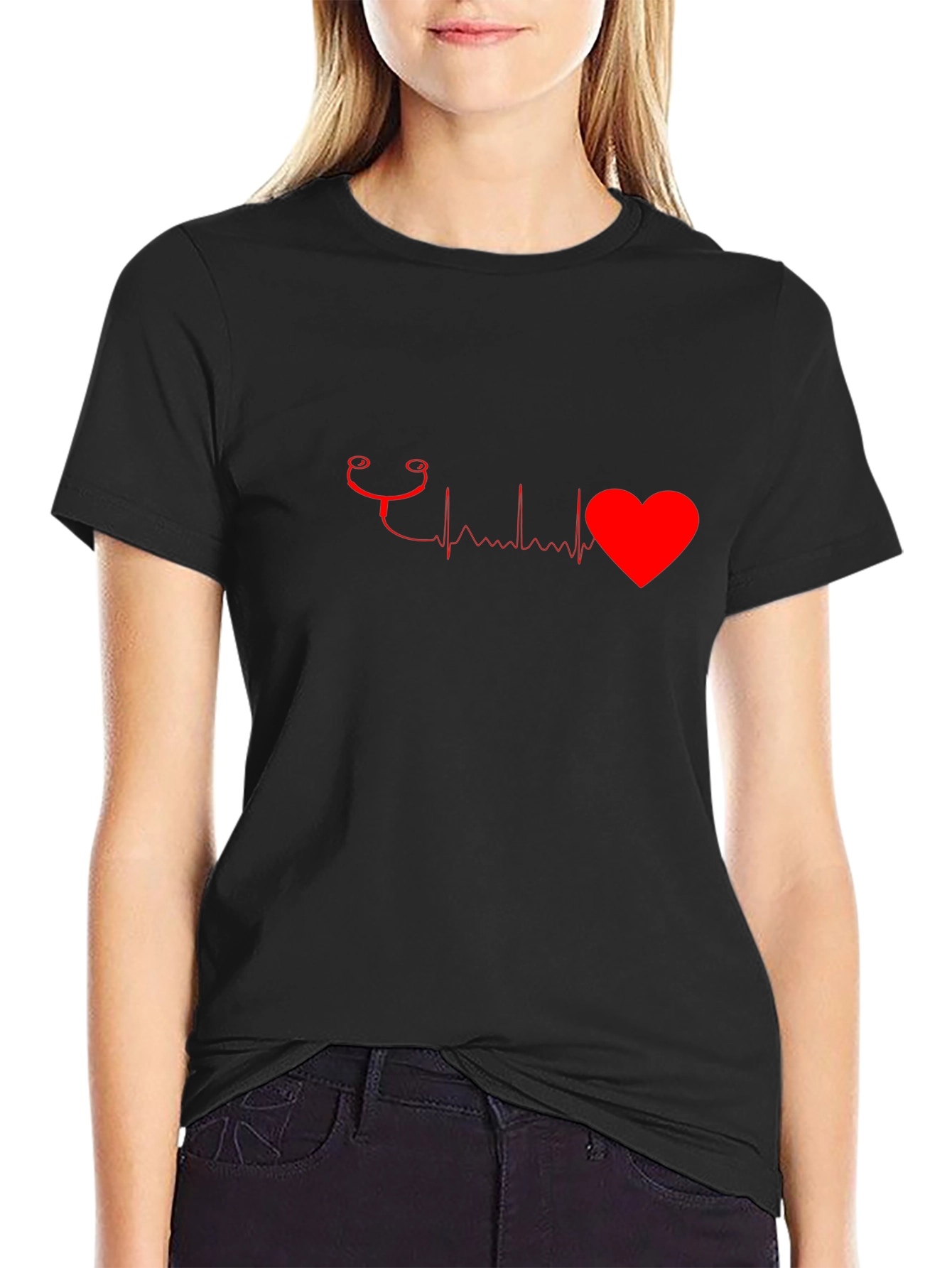Heartbeat Stethoscope Graphic Tee - Black Cotton