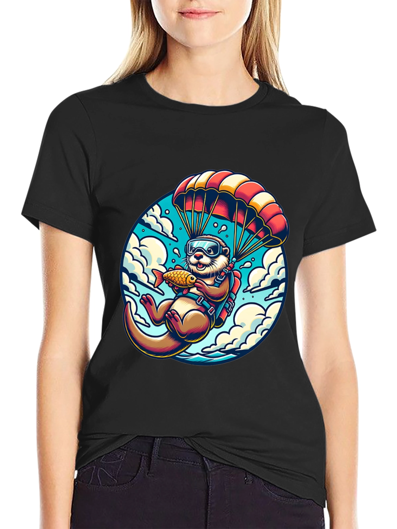 Otter Parachute T-Shirt - Whimsical Skydiving Design