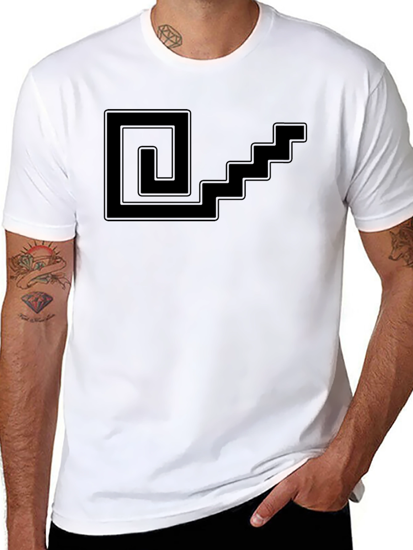 Geometric Spiral & Stairs Graphic Tee - Black