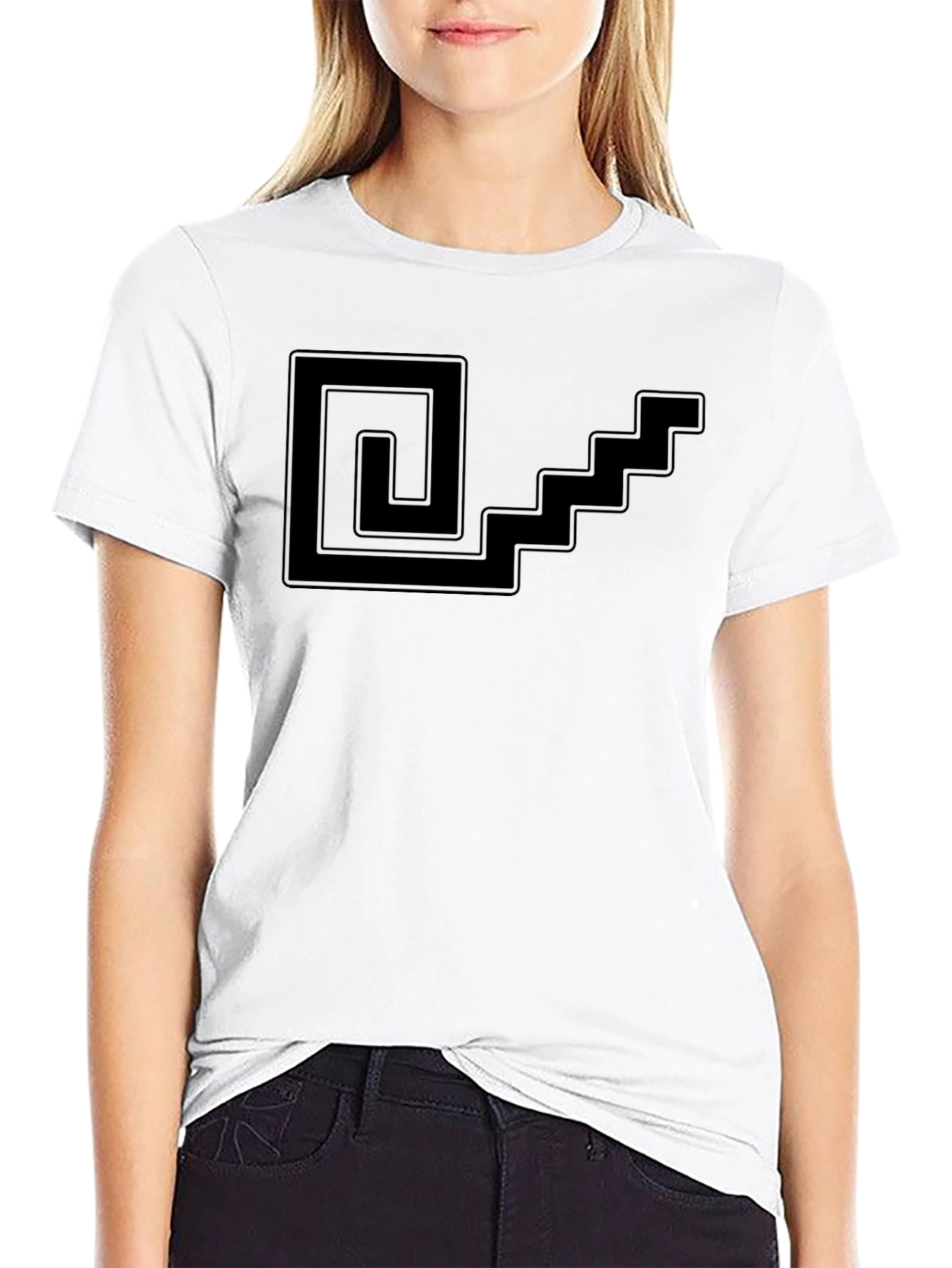 Geometric Spiral & Stairs Graphic Tee - Black
