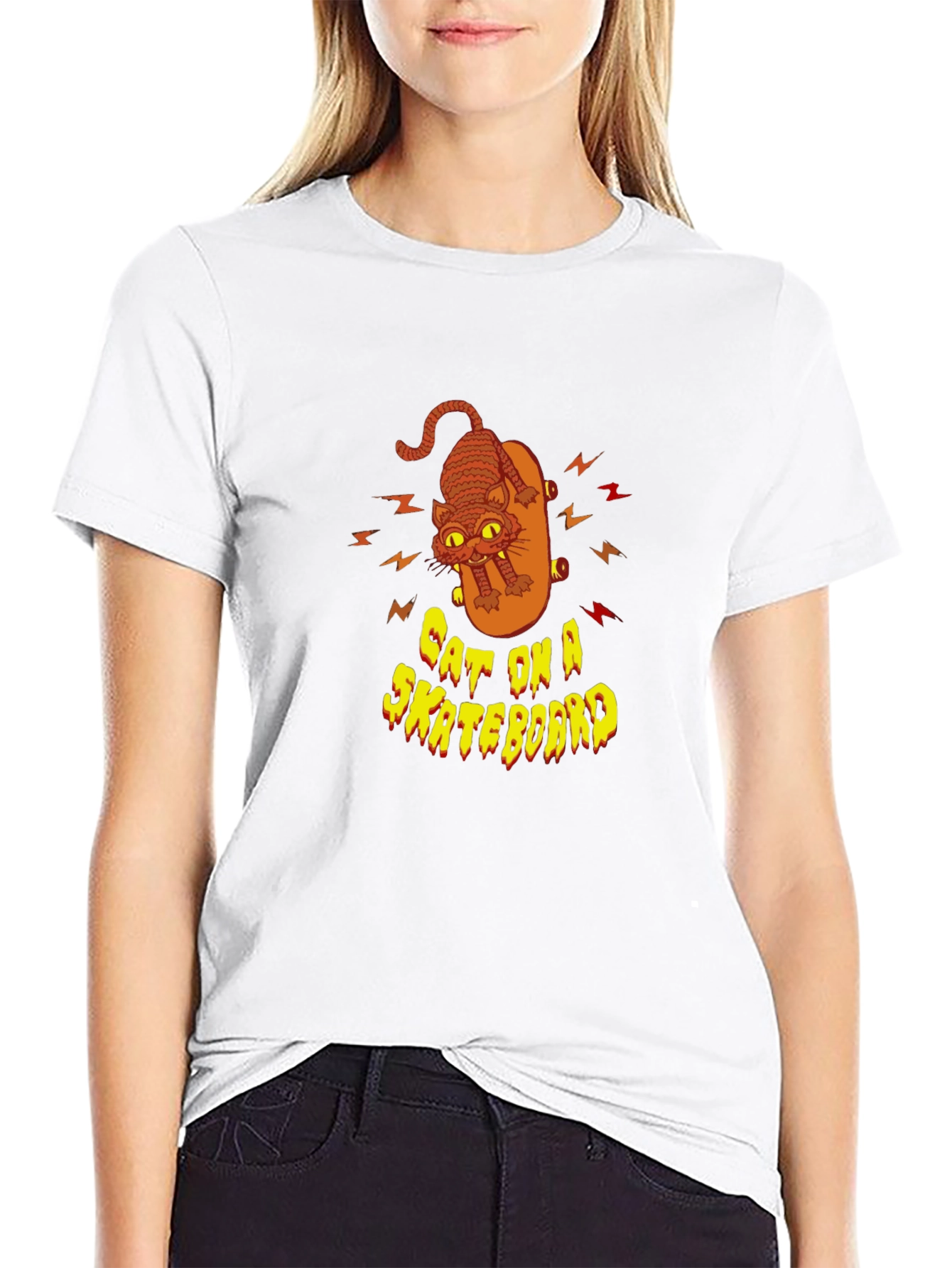Cool Cat On Skateboard Graphic Black T-Shirt
