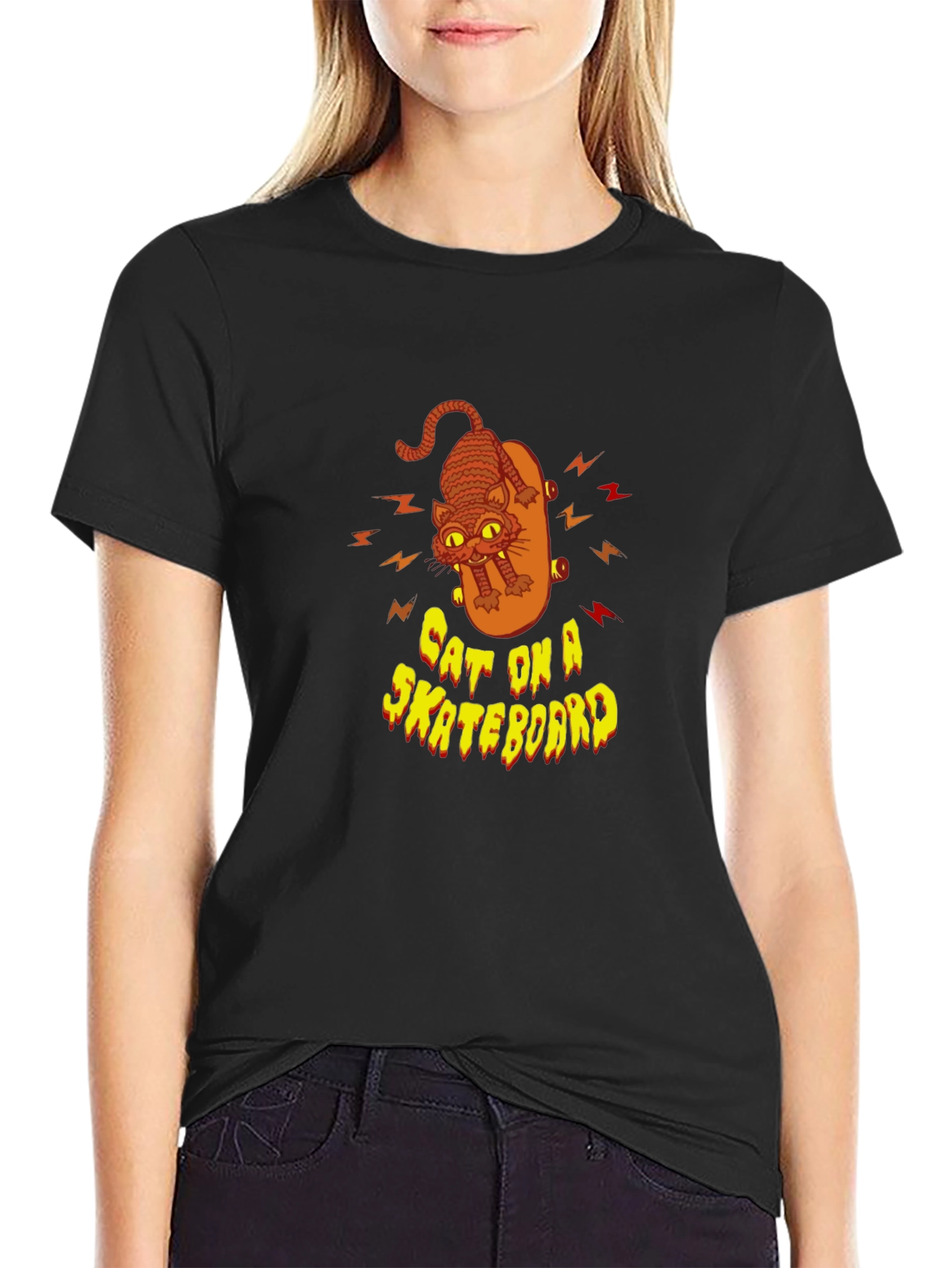 Cool Cat On Skateboard Graphic Black T-Shirt
