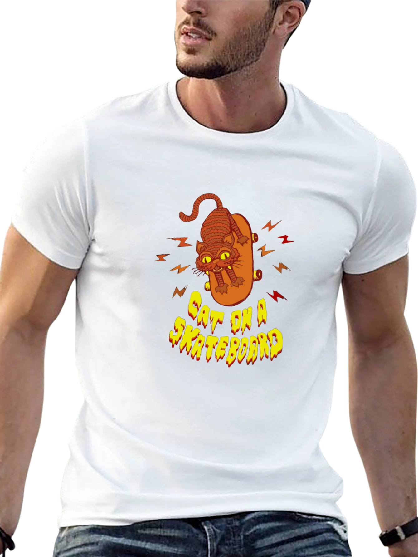 Cool Cat On Skateboard Graphic Black T-Shirt