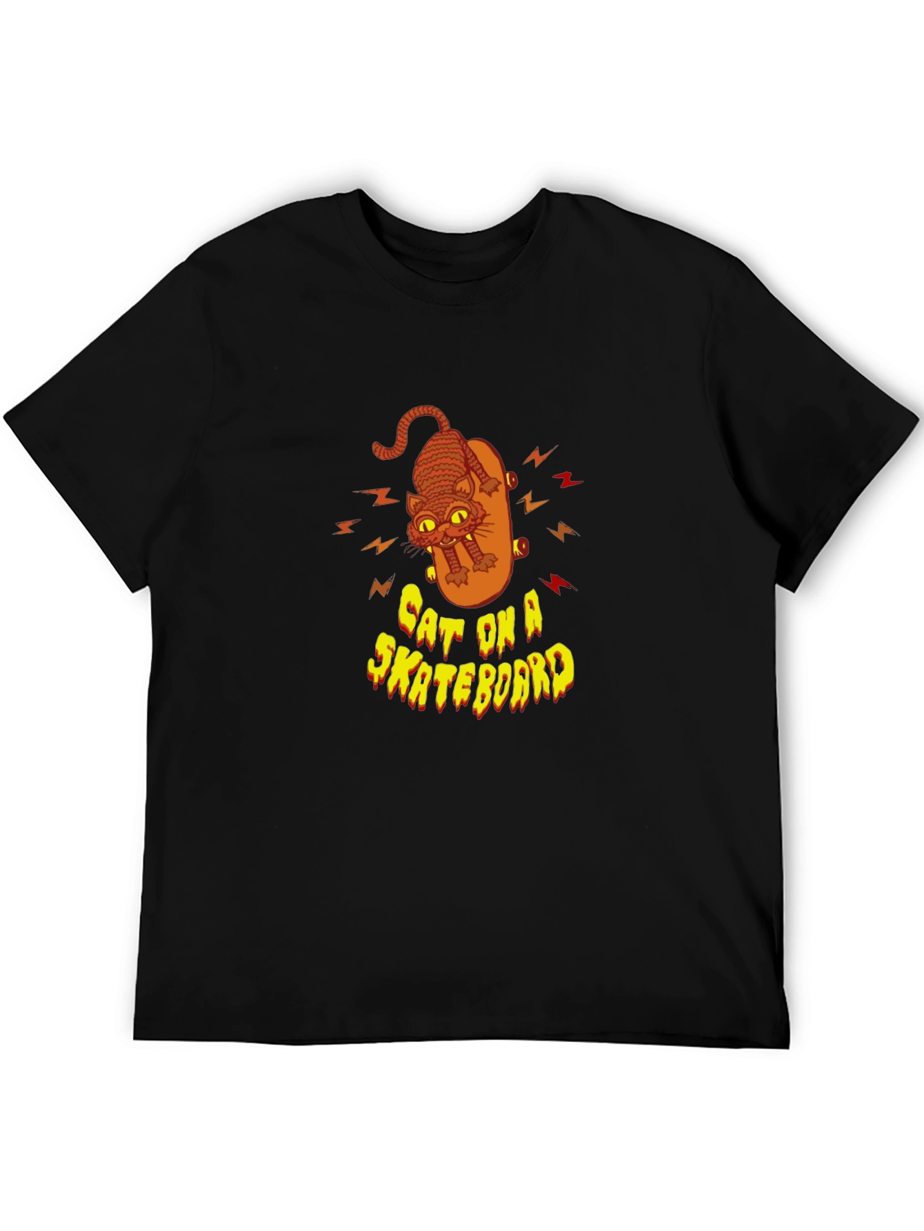 Cool Cat On Skateboard Graphic Black T-Shirt