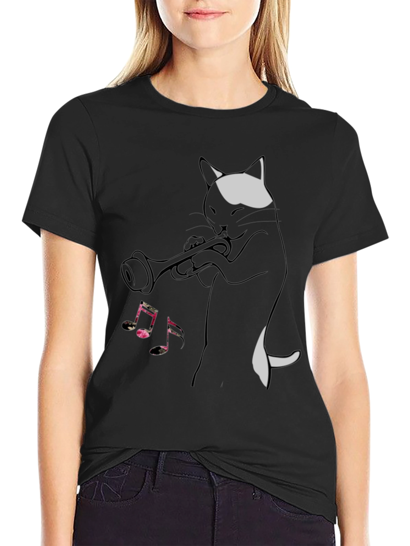 Cool Cat Trumpet Player Black T-Shirt