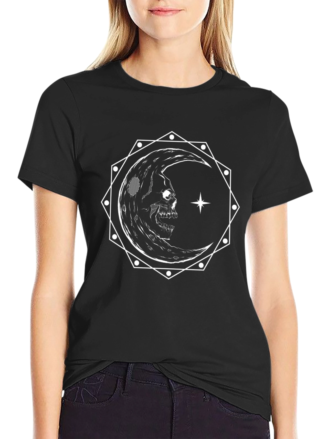 Skull Moon Graphic Tee - Gothic Crescent Design