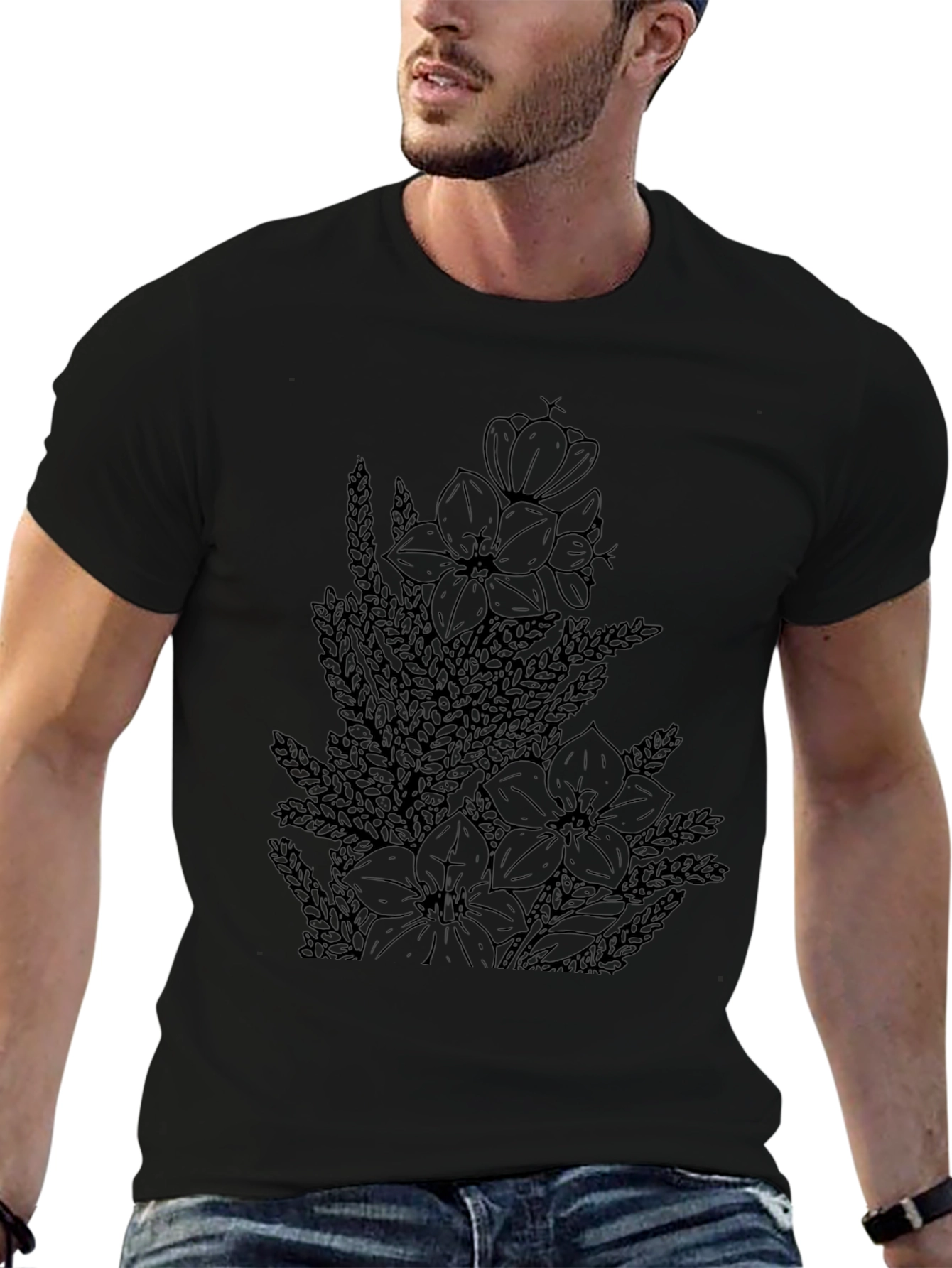 Floral Print Black Casual T-Shirt