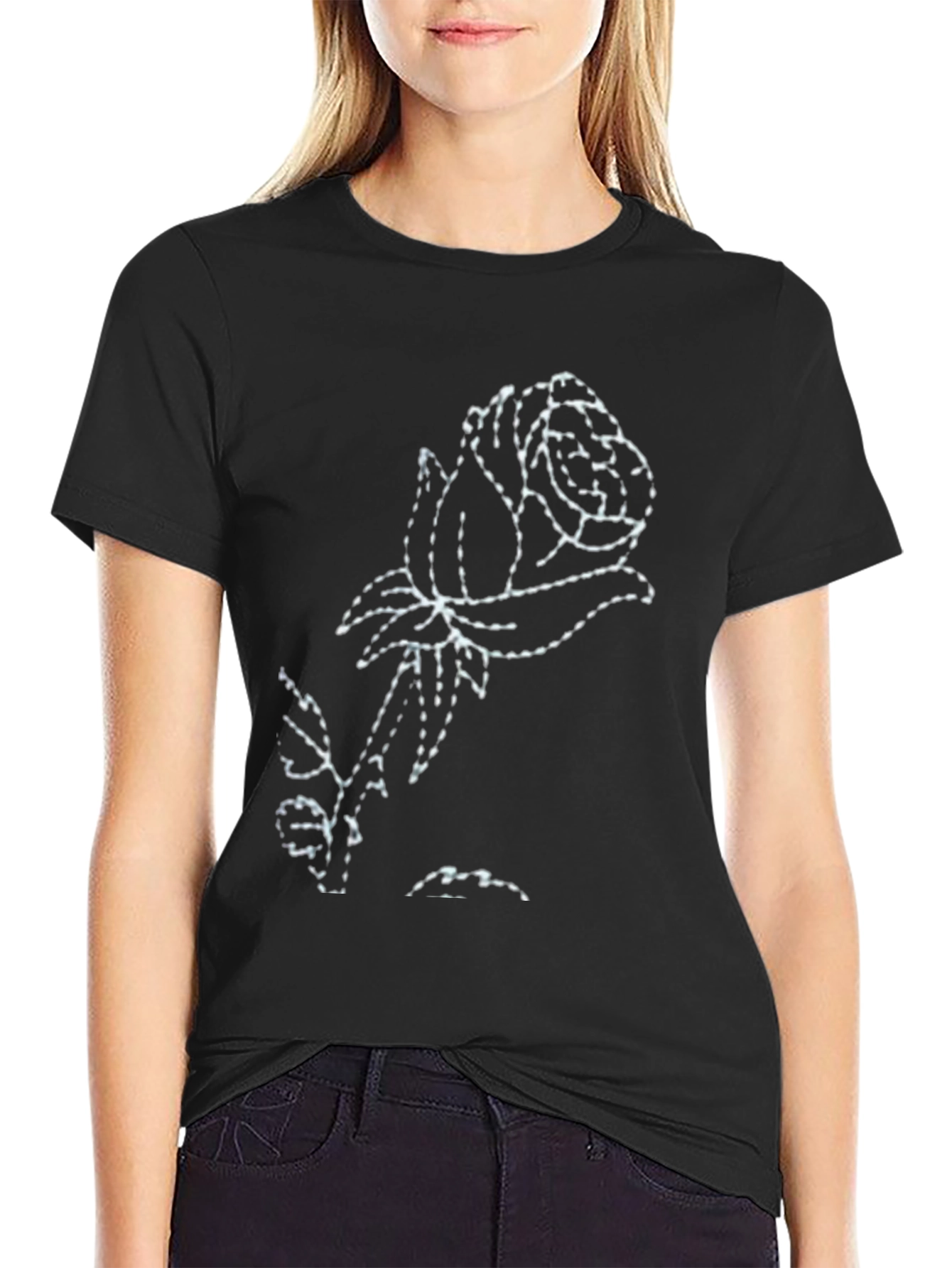 Black T-Shirt with White Rose Outline Design