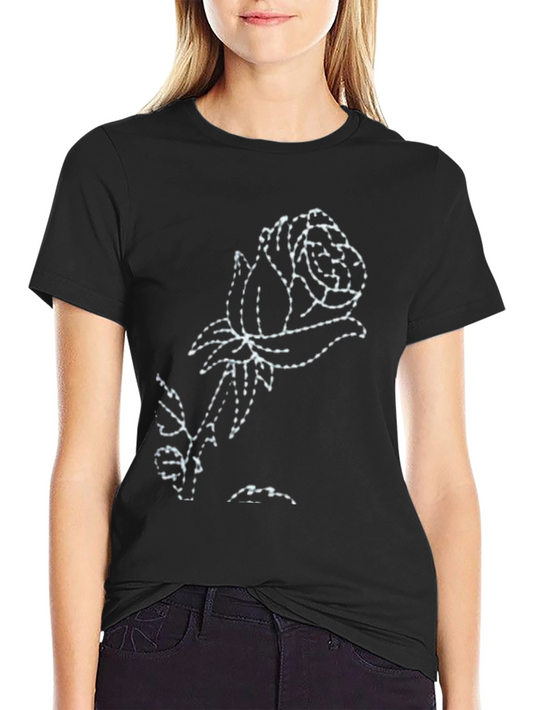Black T-Shirt with White Rose Outline Design
