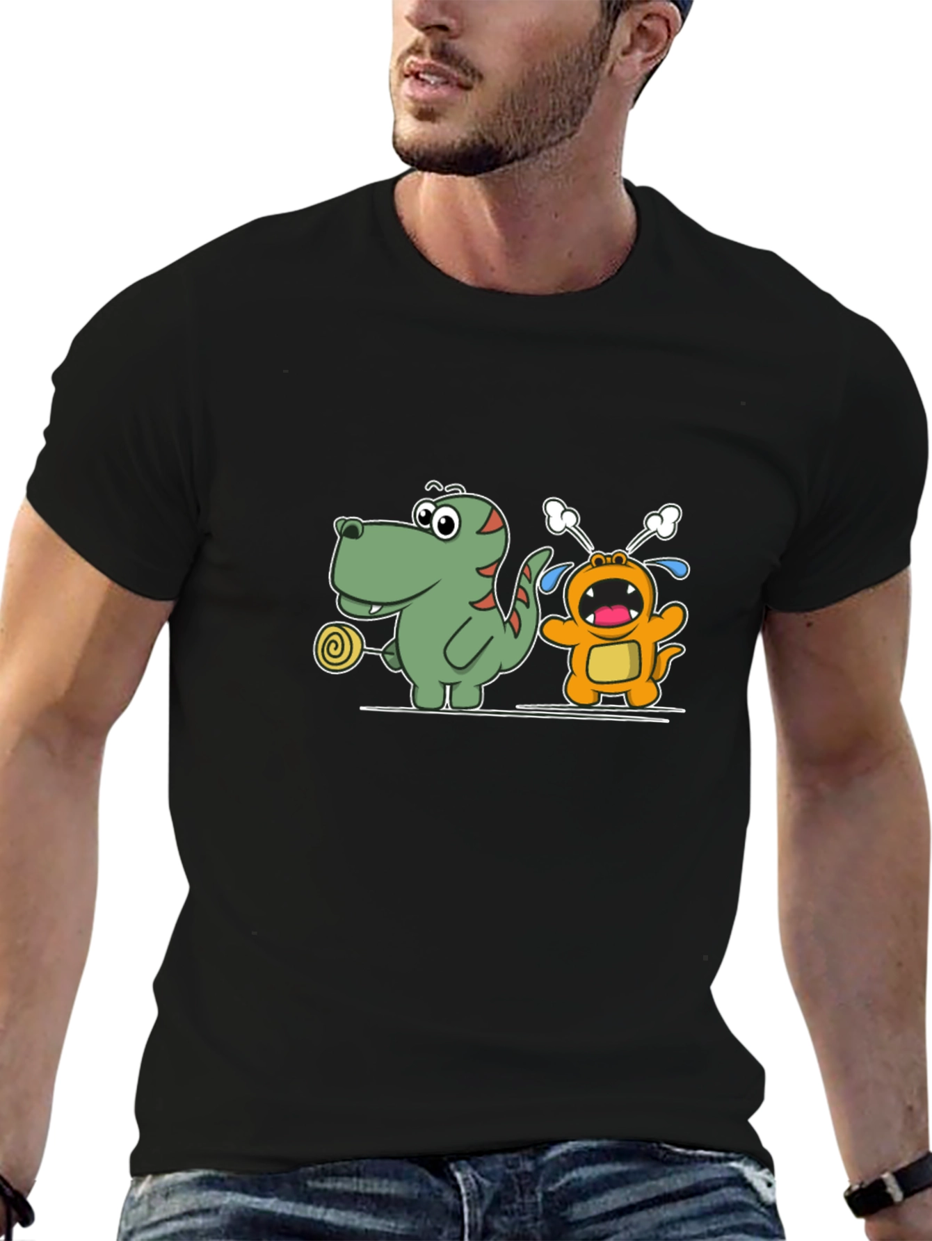 Cartoon Dinosaur & Monster Black T-Shirt