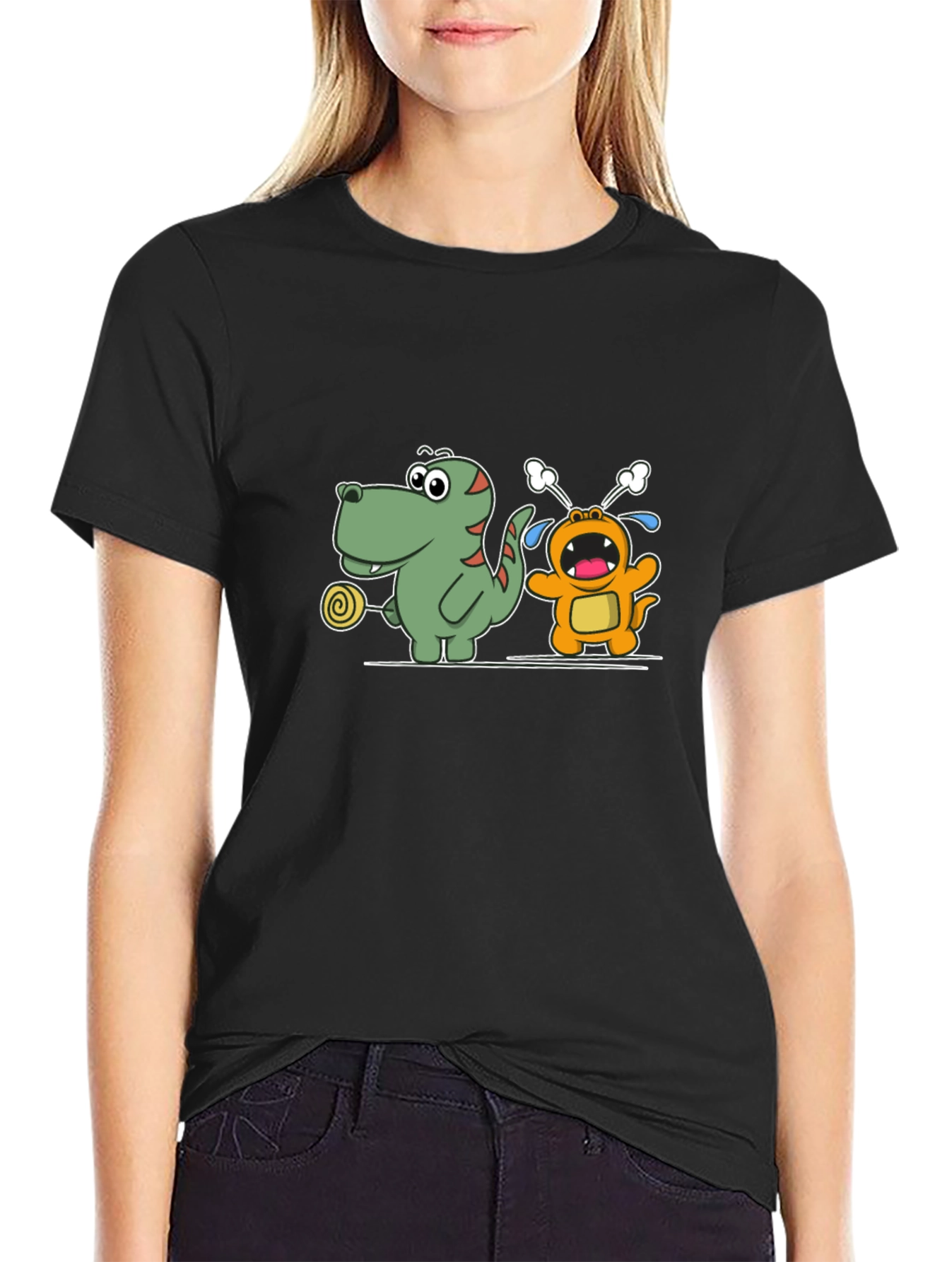 Cartoon Dinosaur & Monster Black T-Shirt
