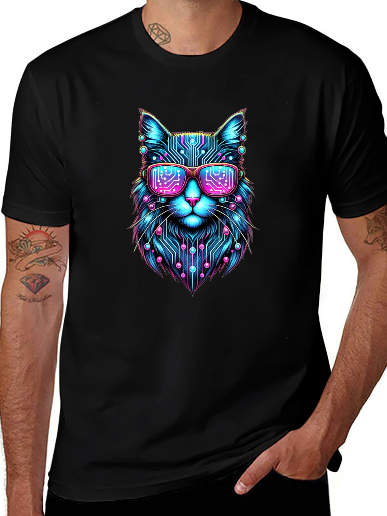 Cyberpunk Cat T-Shirt Futuristic Neon Kitty Tee