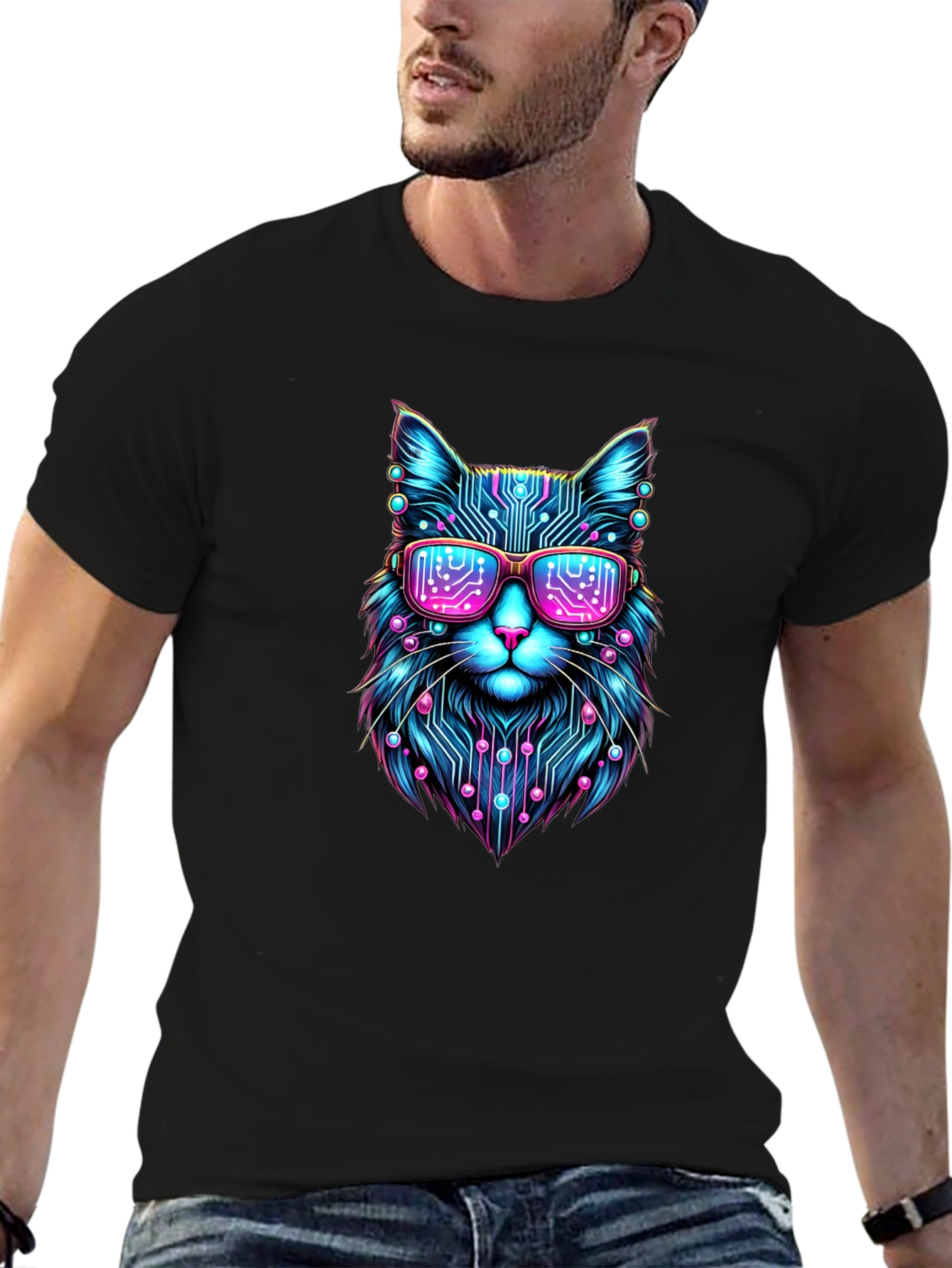 Cyberpunk Cat T-Shirt Futuristic Neon Kitty Tee