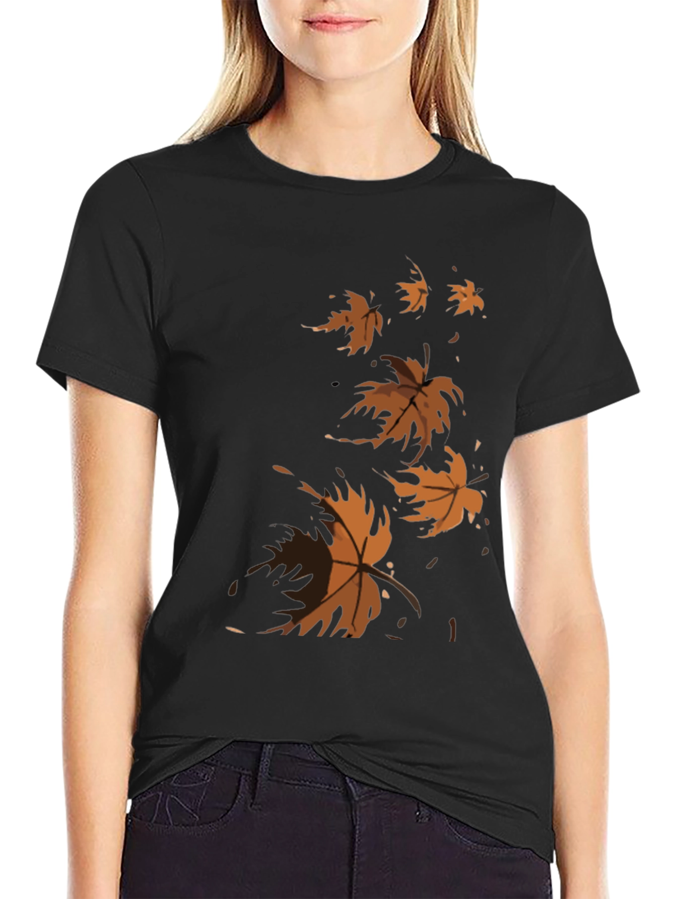 Autumn Leaves Graphic Tee - Black Casual T-Shirt
