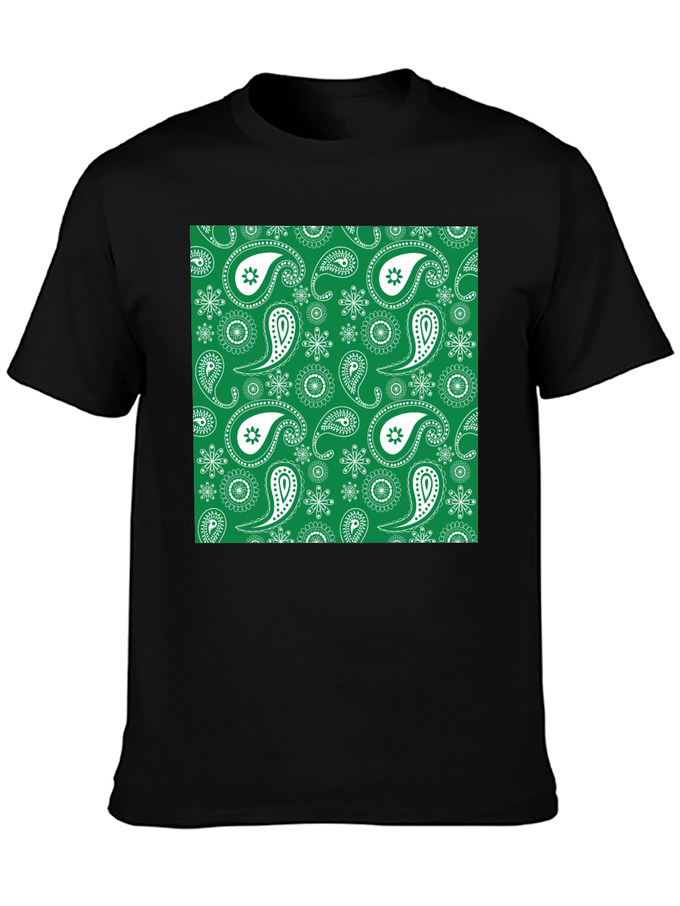 Green Paisley Pattern Black T-Shirt