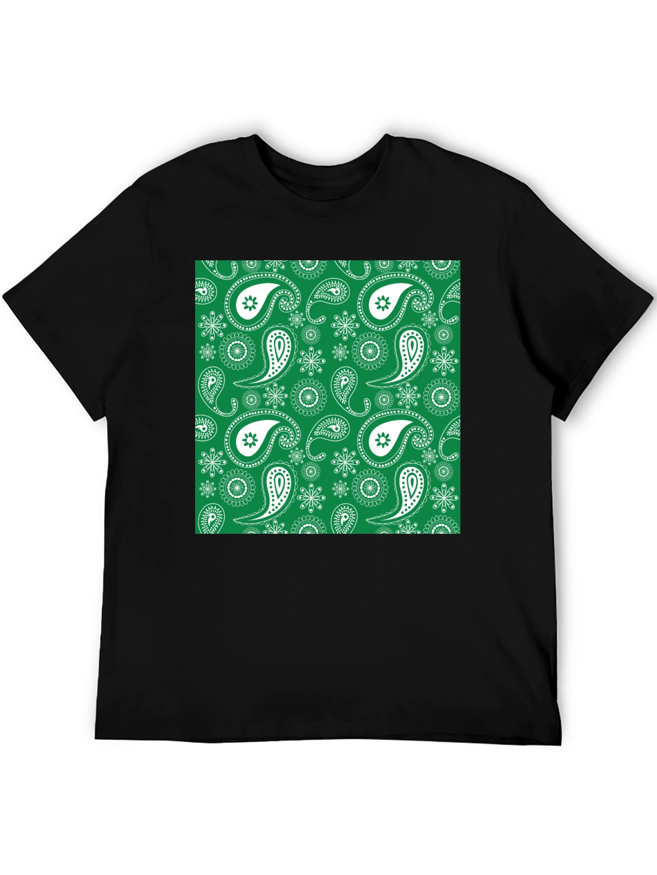 Green Paisley Pattern Black T-Shirt