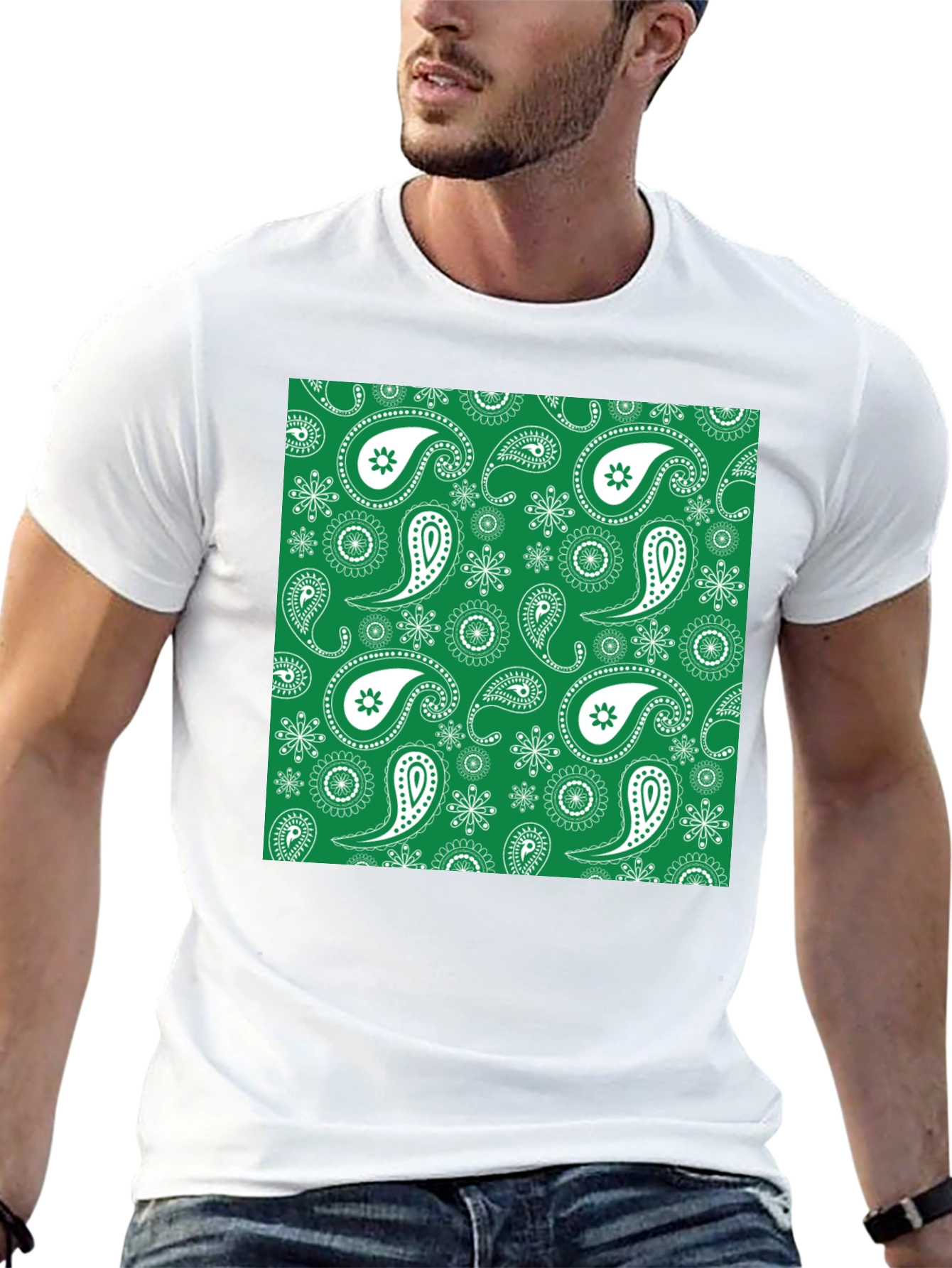 Green Paisley Pattern Black T-Shirt