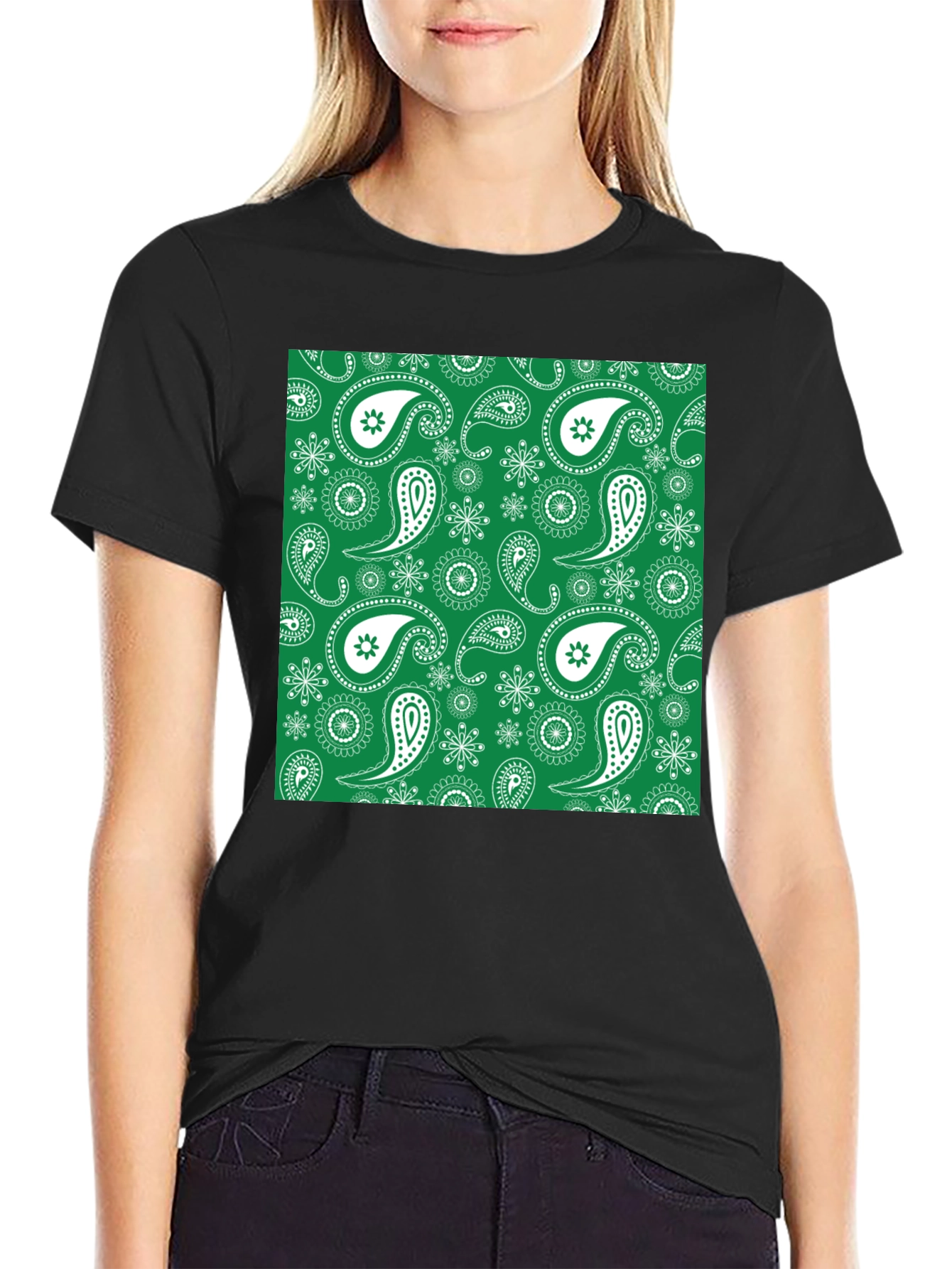 Green Paisley Pattern Black T-Shirt