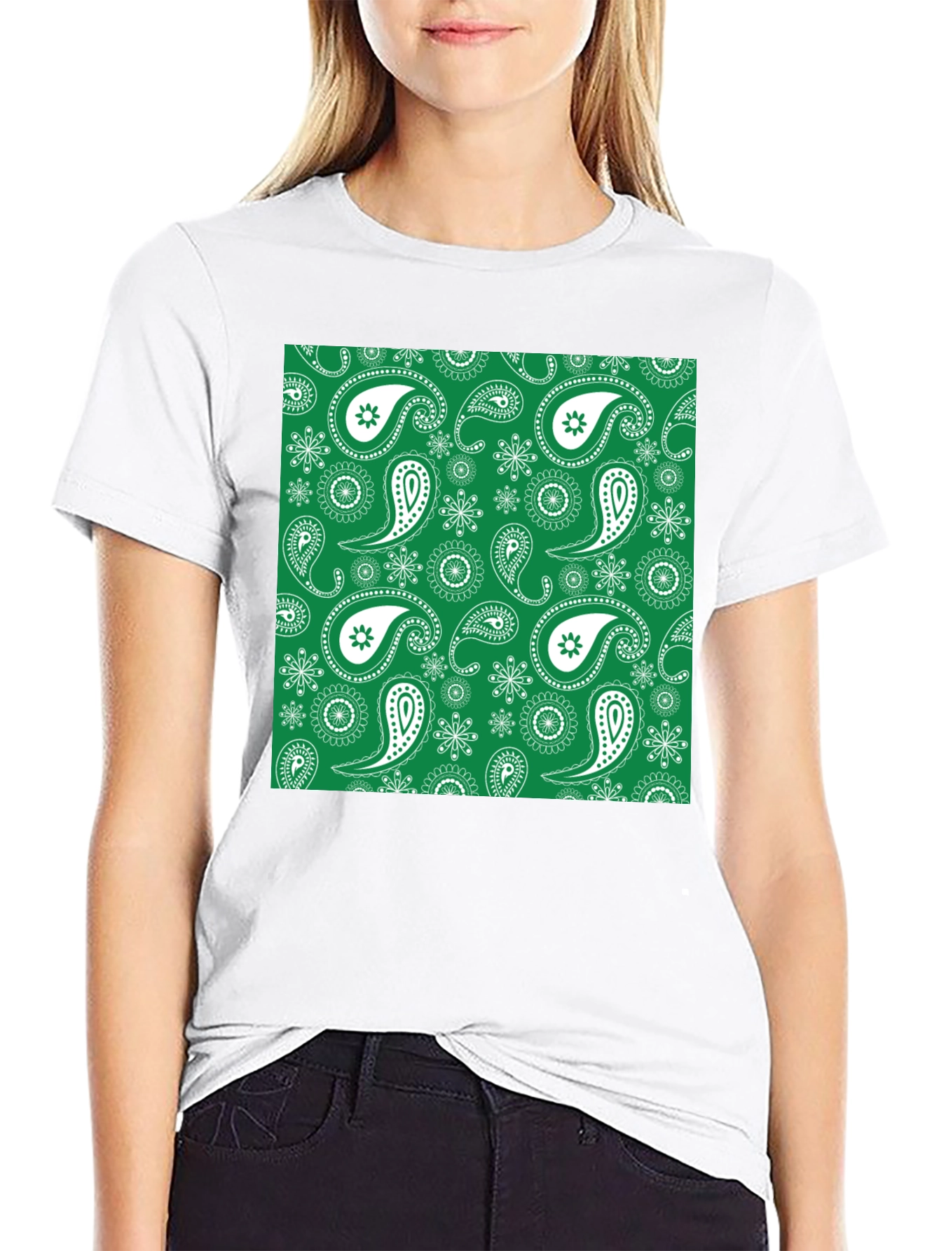 Green Paisley Pattern Black T-Shirt