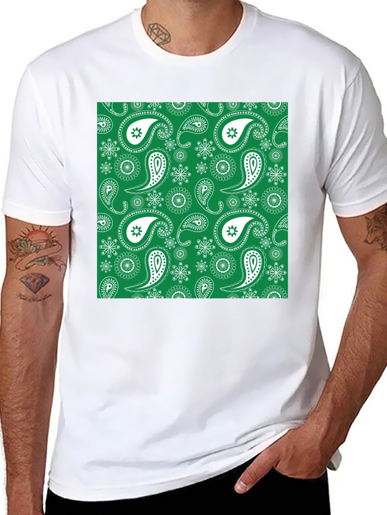 Green Paisley Pattern Black T-Shirt