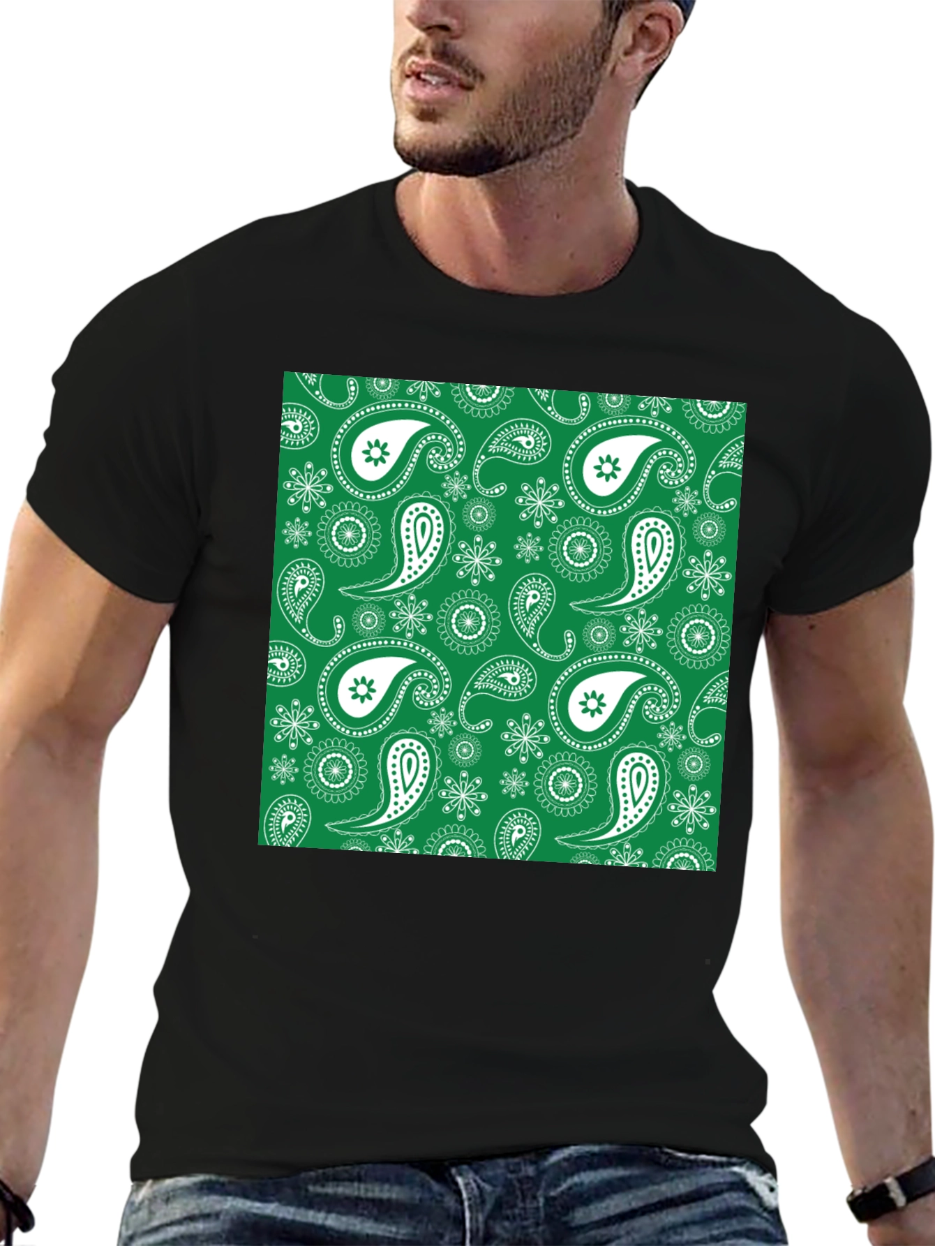 Green Paisley Pattern Black T-Shirt