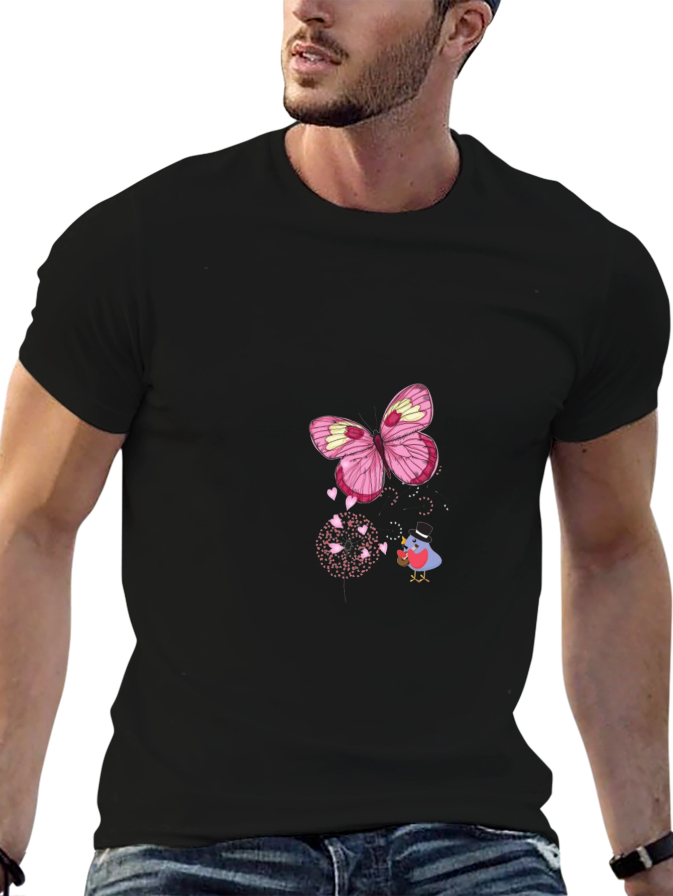 Butterfly Bird Graphic Black T-Shirt