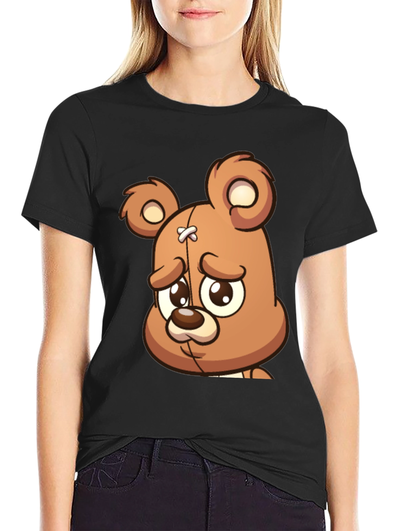 Sad Teddy Bear Graphic T-Shirt - Black