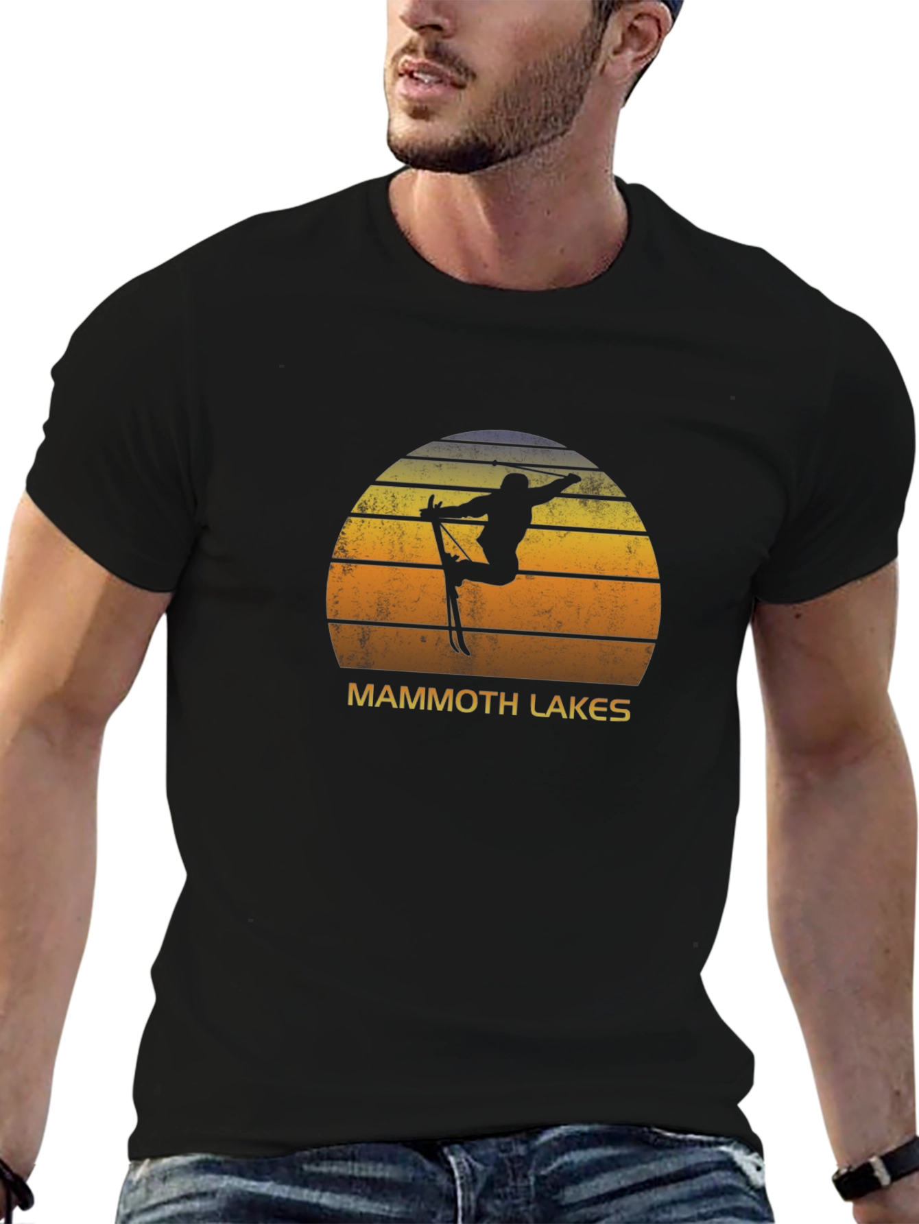 Mammoth Lakes Skier Sunset Graphic Tee - Black Cotton