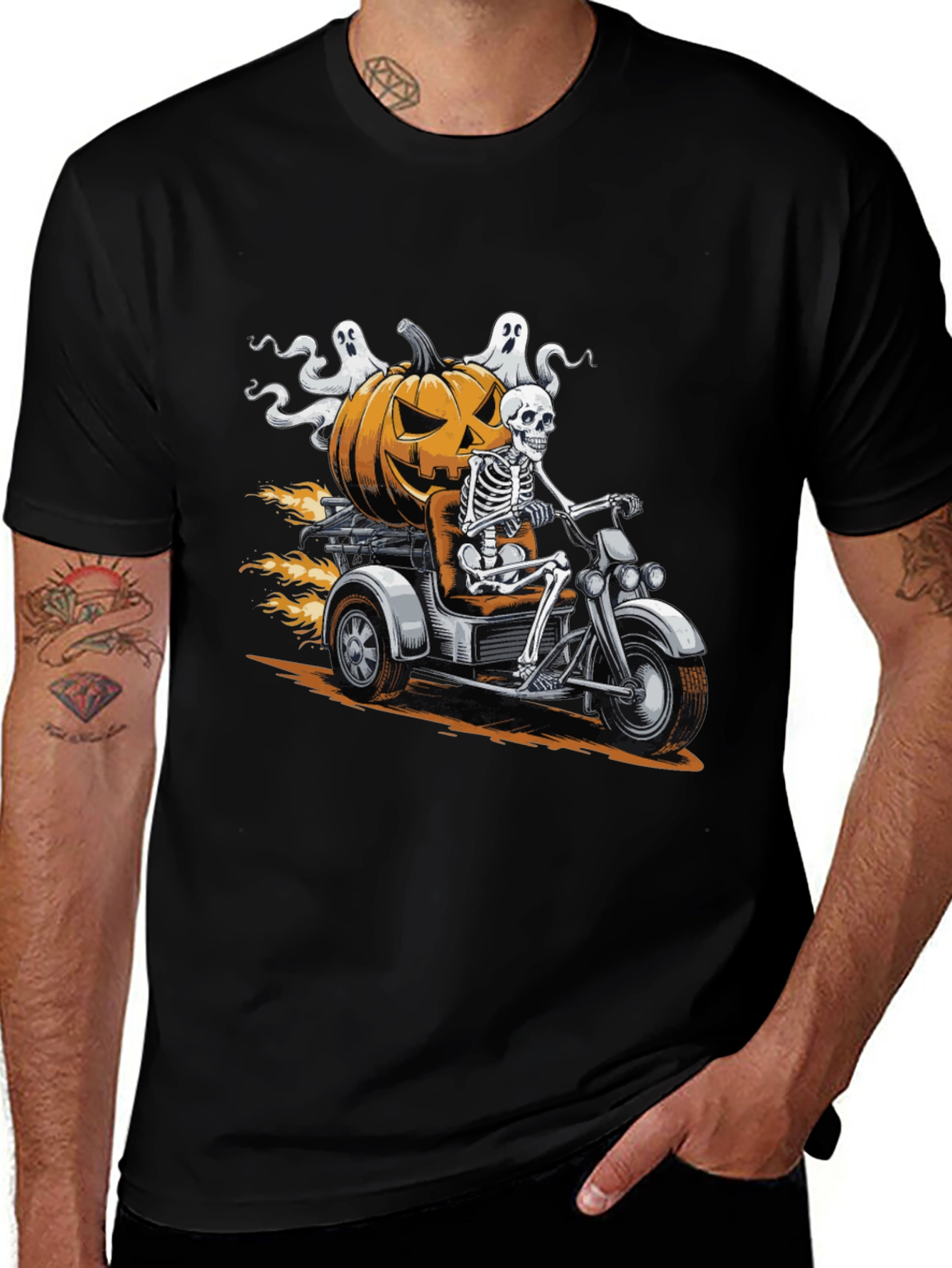 Skeleton Riding Pumpkin Motorcycle Halloween T-Shirt