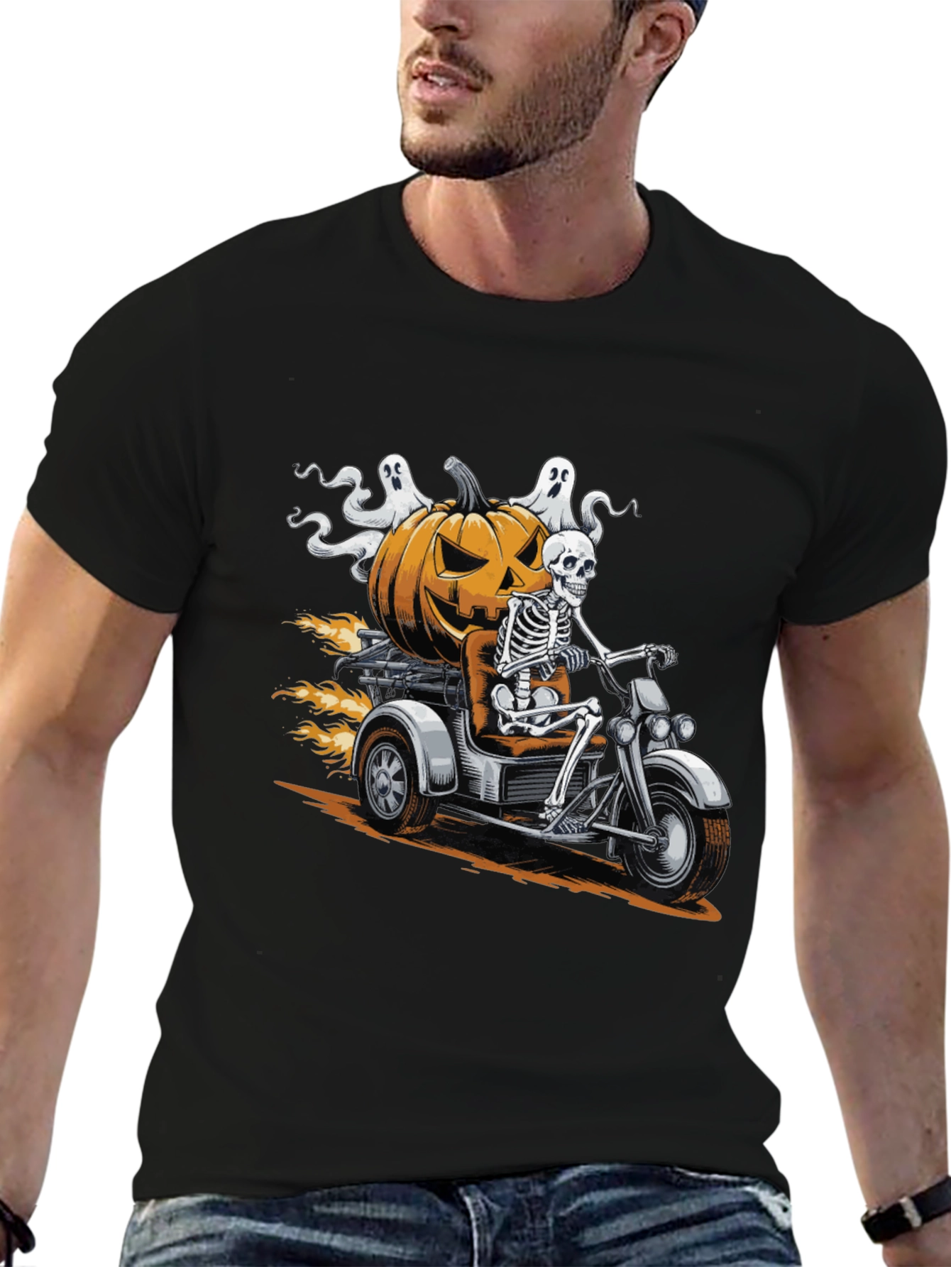 Skeleton Riding Pumpkin Motorcycle Halloween T-Shirt