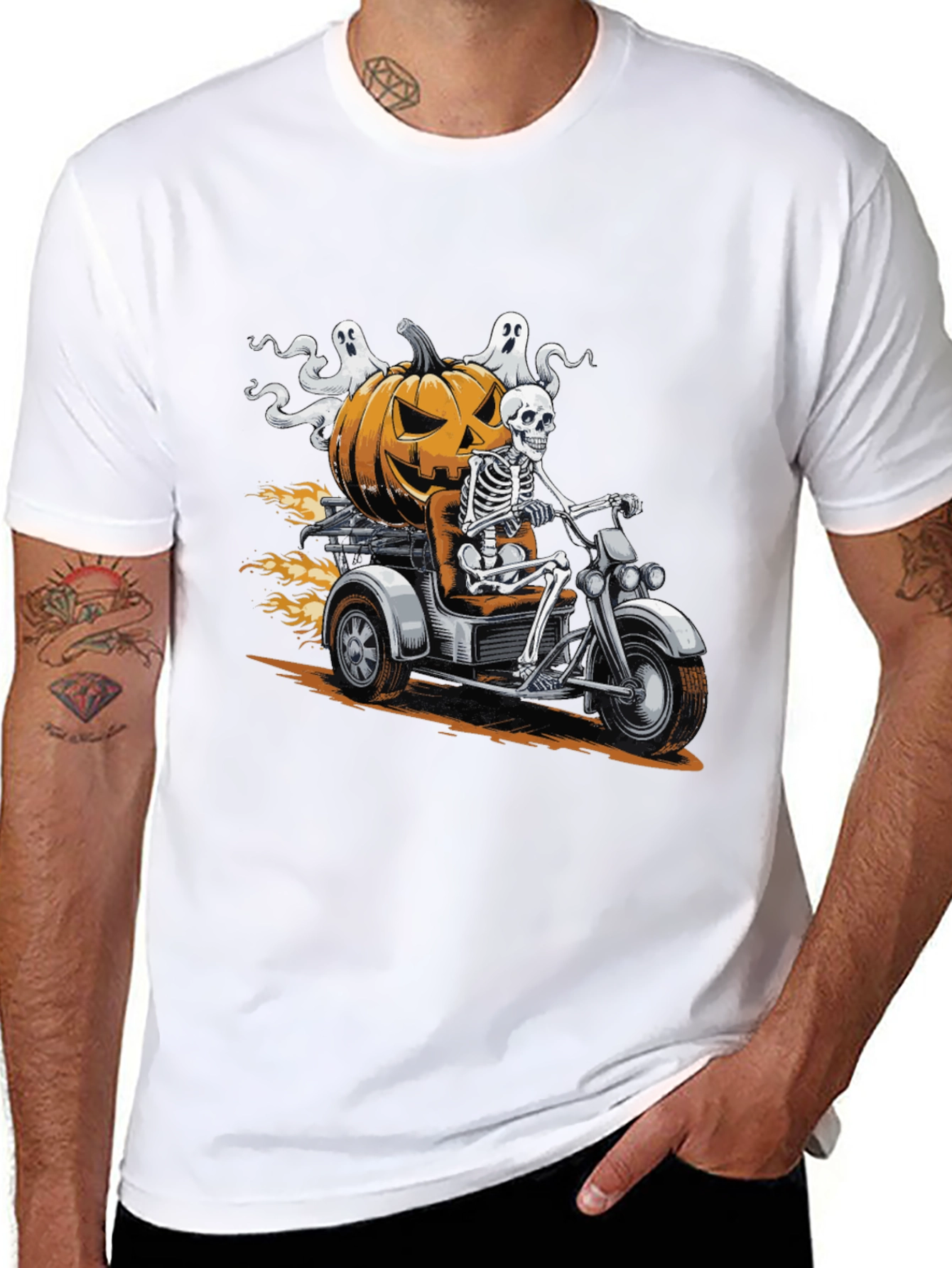 Skeleton Riding Pumpkin Motorcycle Halloween T-Shirt