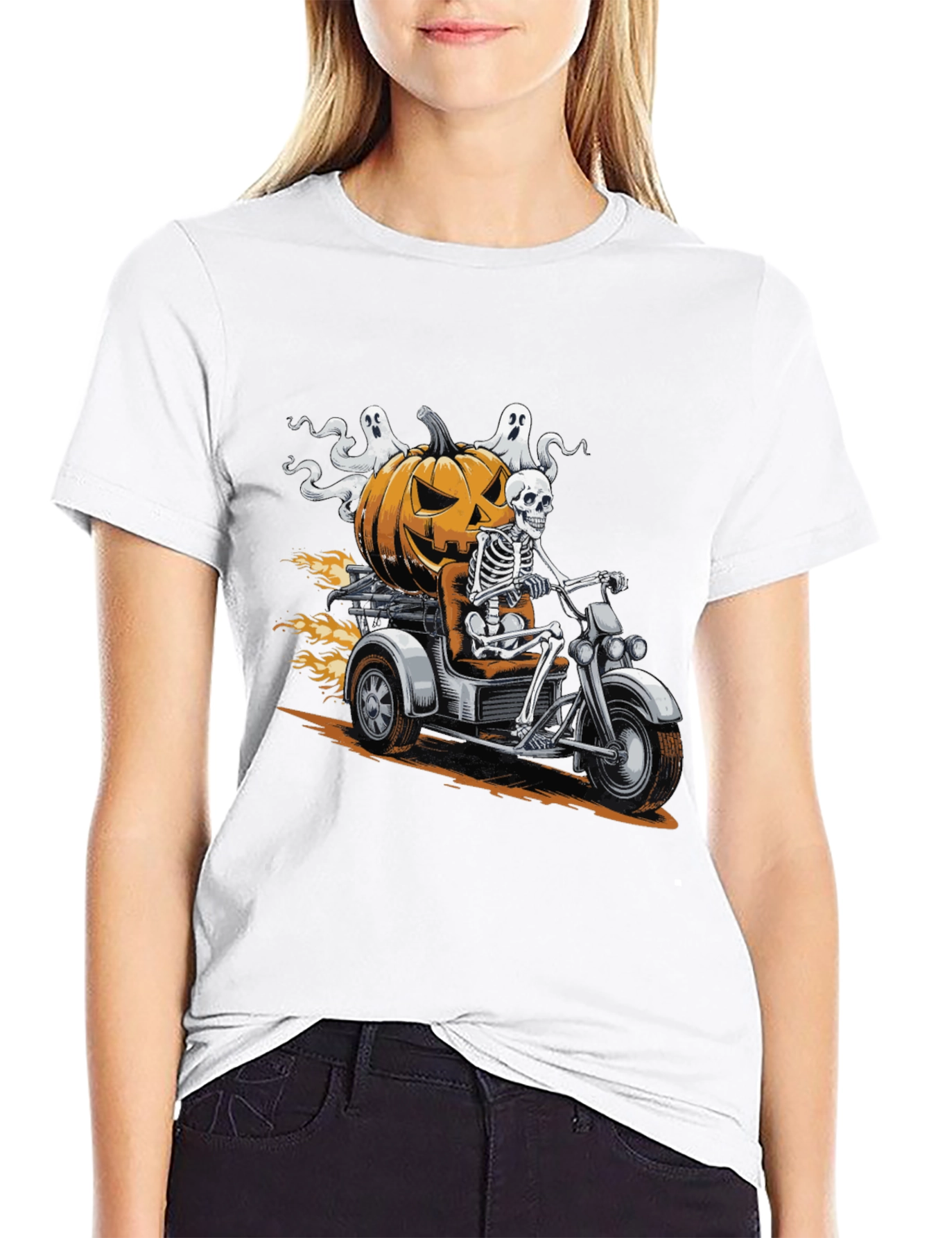 Skeleton Riding Pumpkin Motorcycle Halloween T-Shirt