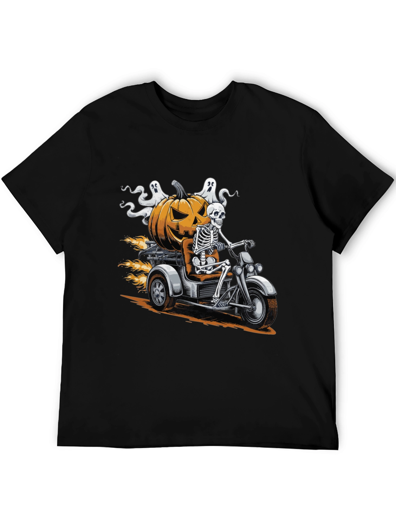 Skeleton Riding Pumpkin Motorcycle Halloween T-Shirt
