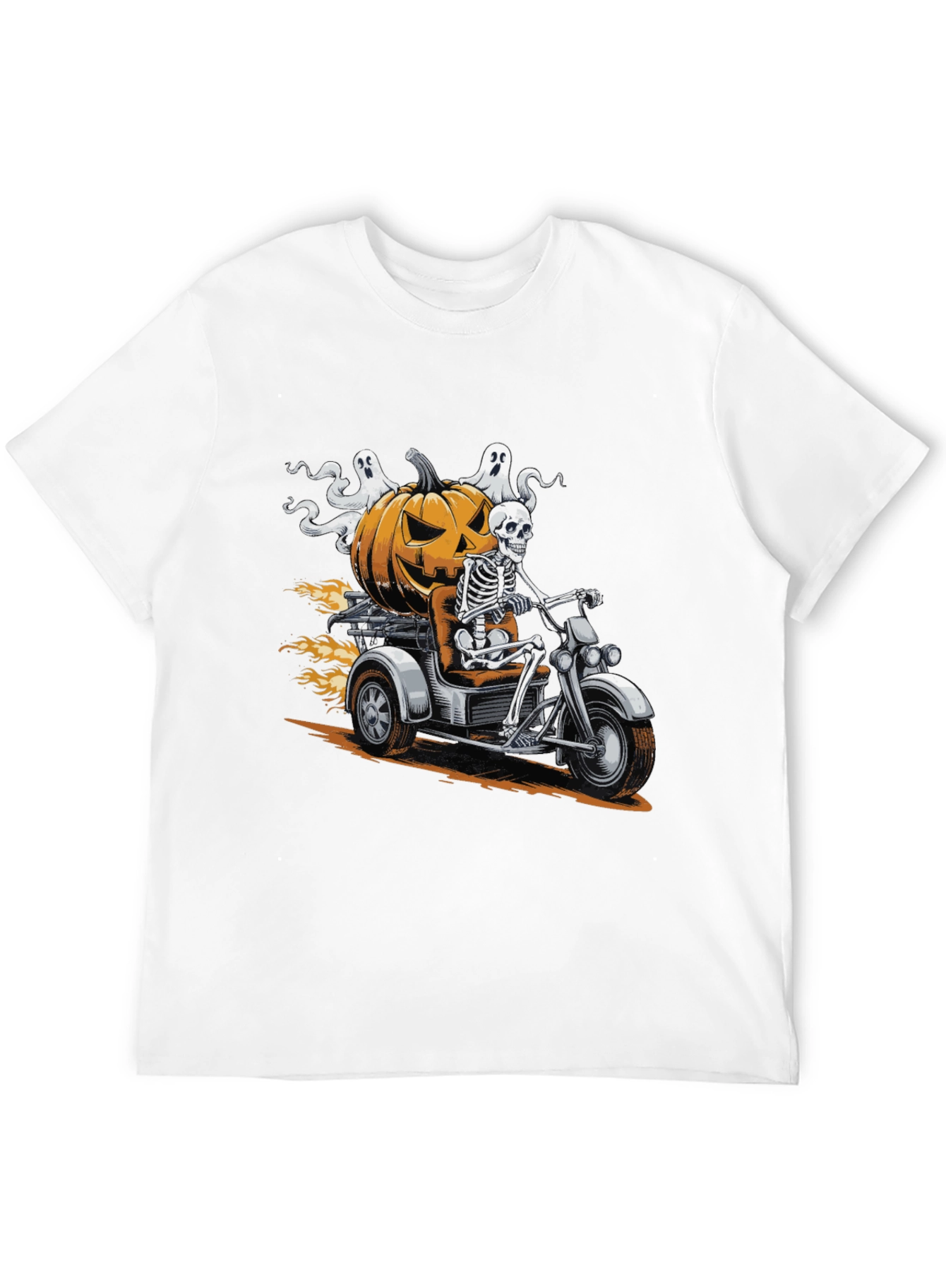 Skeleton Riding Pumpkin Motorcycle Halloween T-Shirt