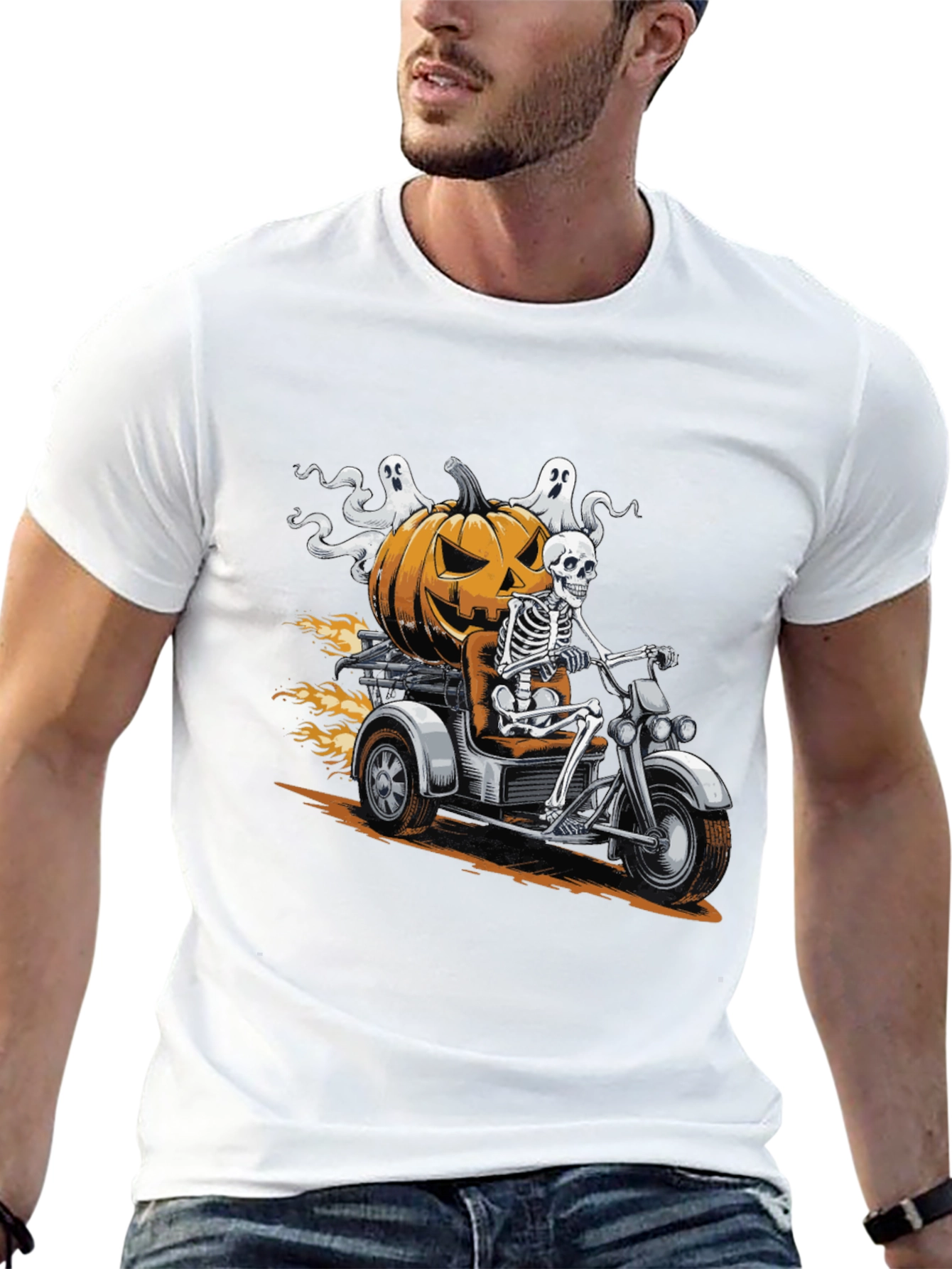 Skeleton Riding Pumpkin Motorcycle Halloween T-Shirt