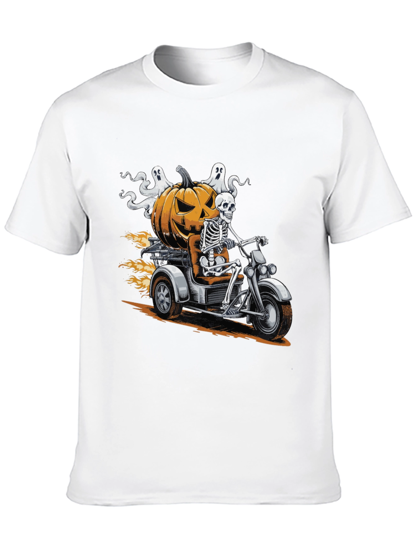Skeleton Riding Pumpkin Motorcycle Halloween T-Shirt