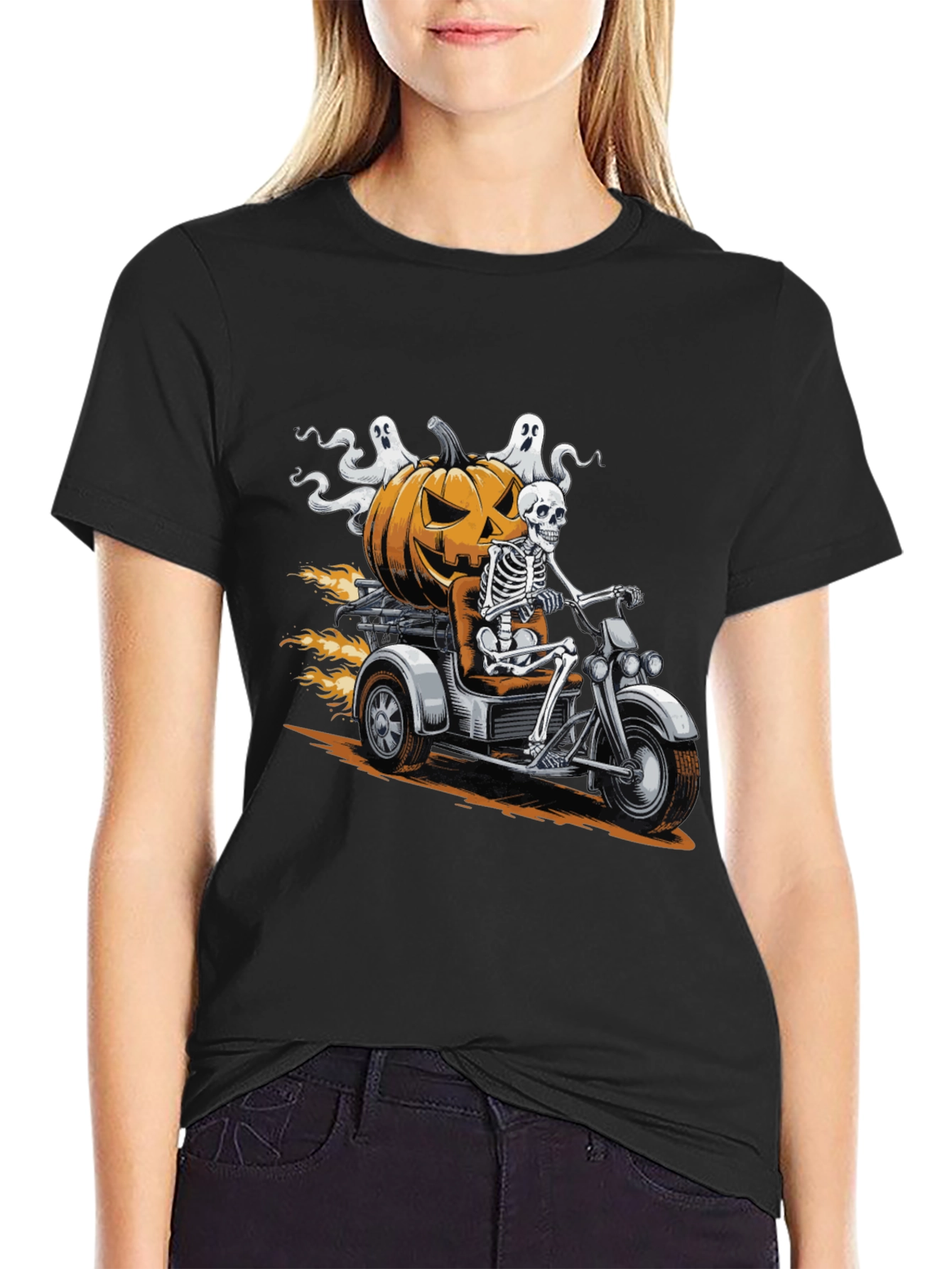 Skeleton Riding Pumpkin Motorcycle Halloween T-Shirt