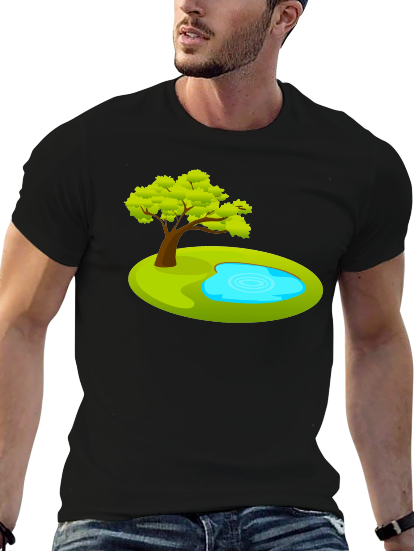 Cartoon Tree & Pond Graphic Tee - Black