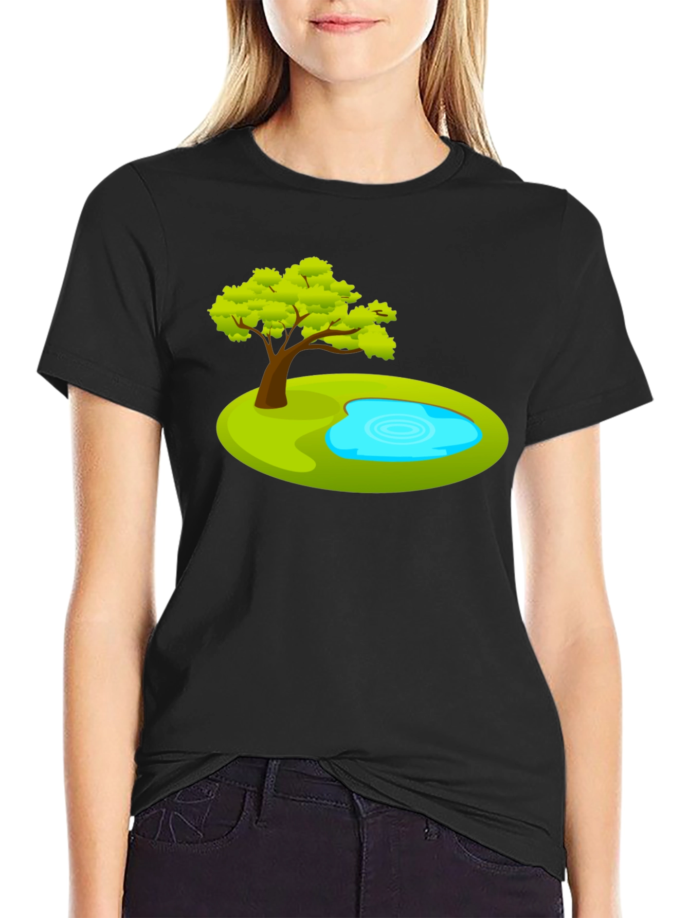 Cartoon Tree & Pond Graphic Tee - Black