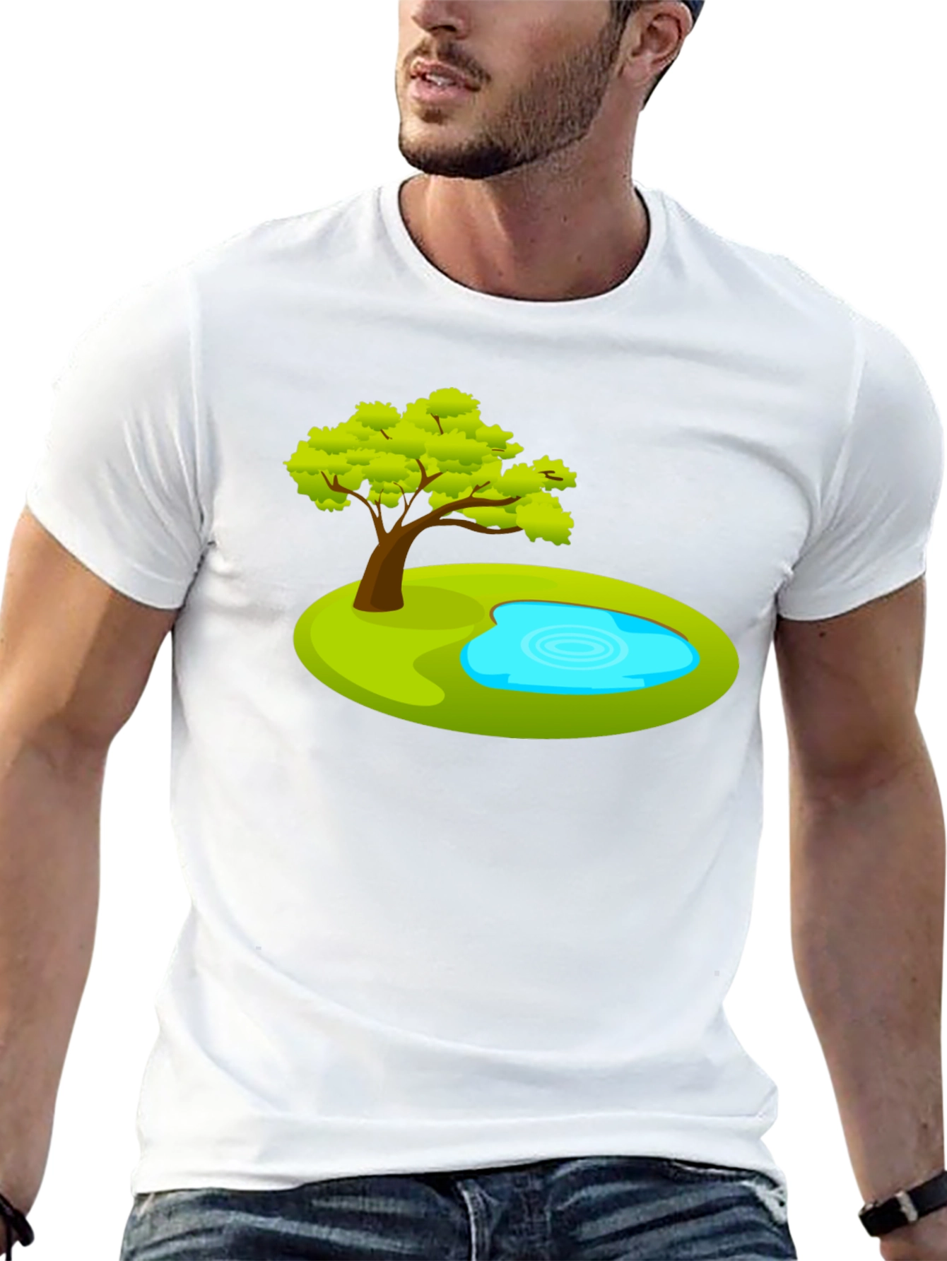 Cartoon Tree & Pond Graphic Tee - Black