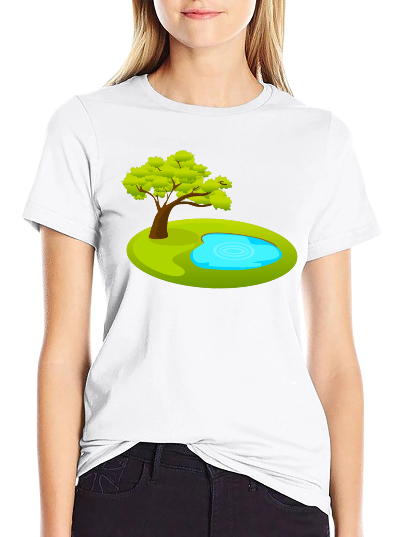 Cartoon Tree & Pond Graphic Tee - Black