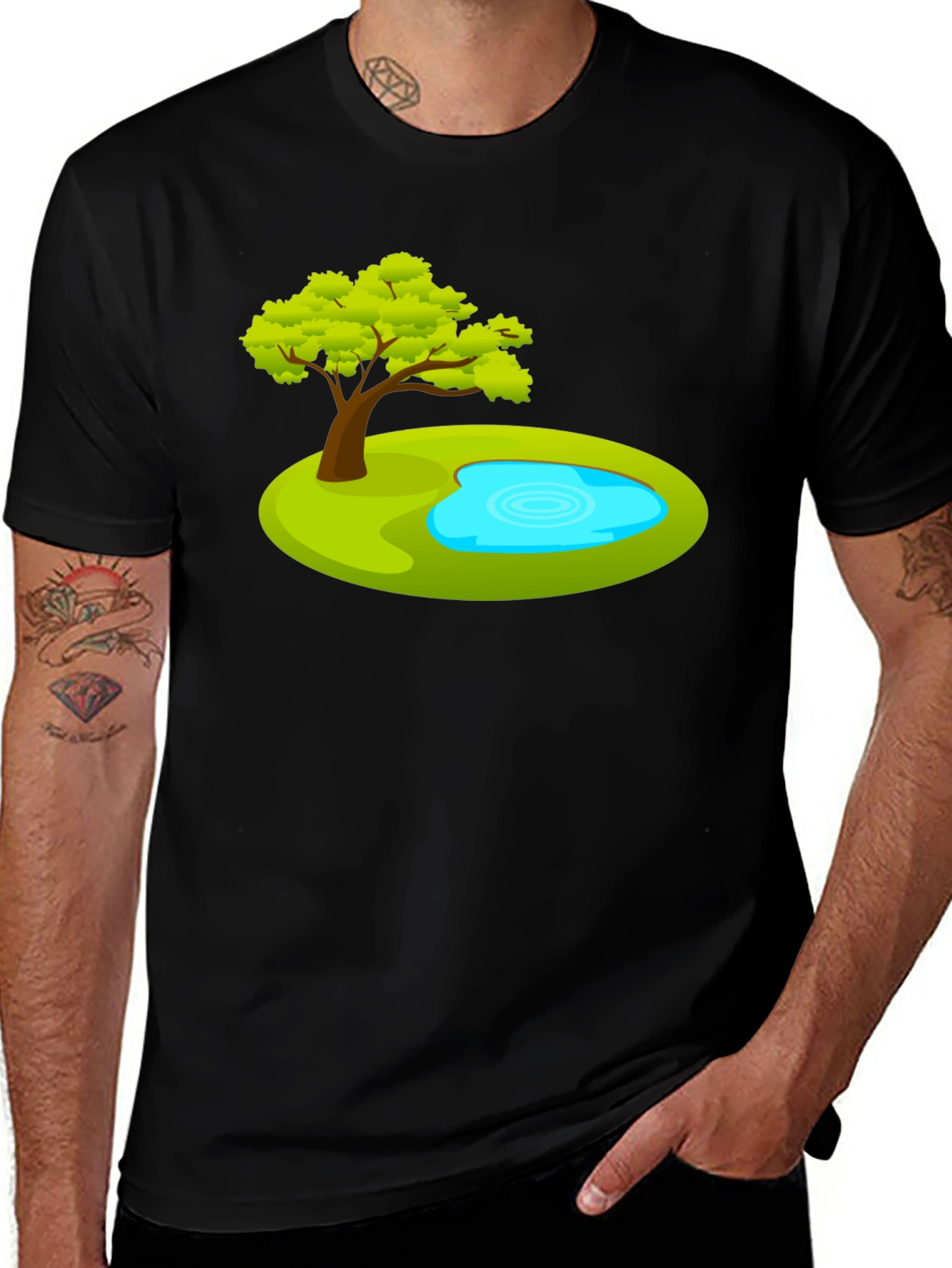 Cartoon Tree & Pond Graphic Tee - Black